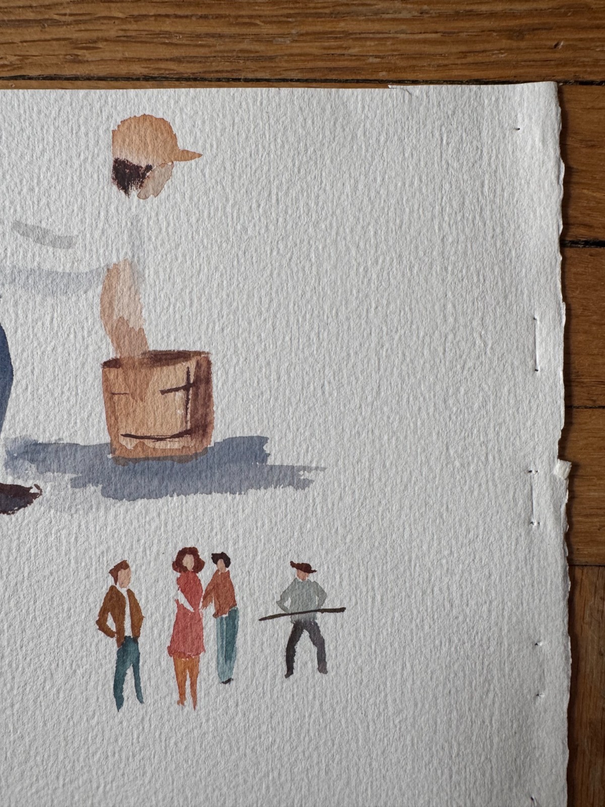 VTG 1990’s Watercolor Man Bucket an Small Group People 7.5 x 7 OOAK