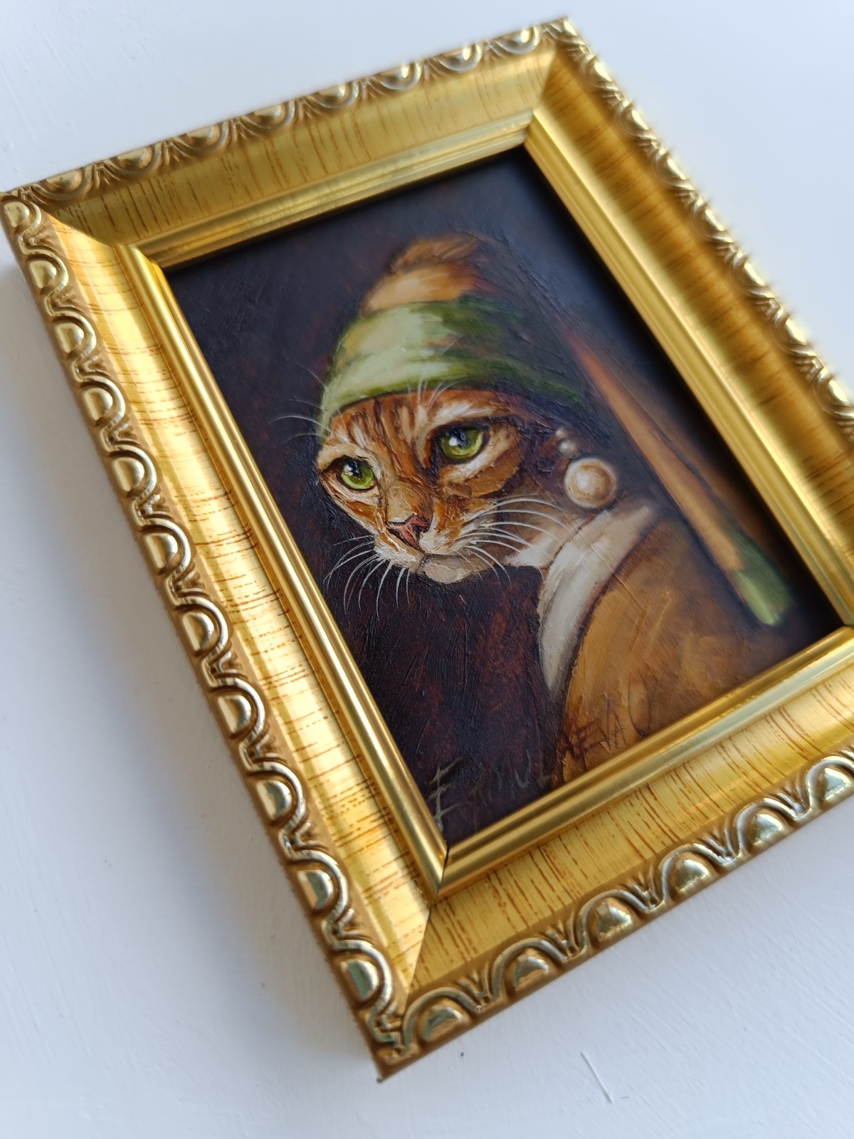 ACEO Cat with Pearl Earring Oil Painting Framed Original Artwork 2.5×3.5 in