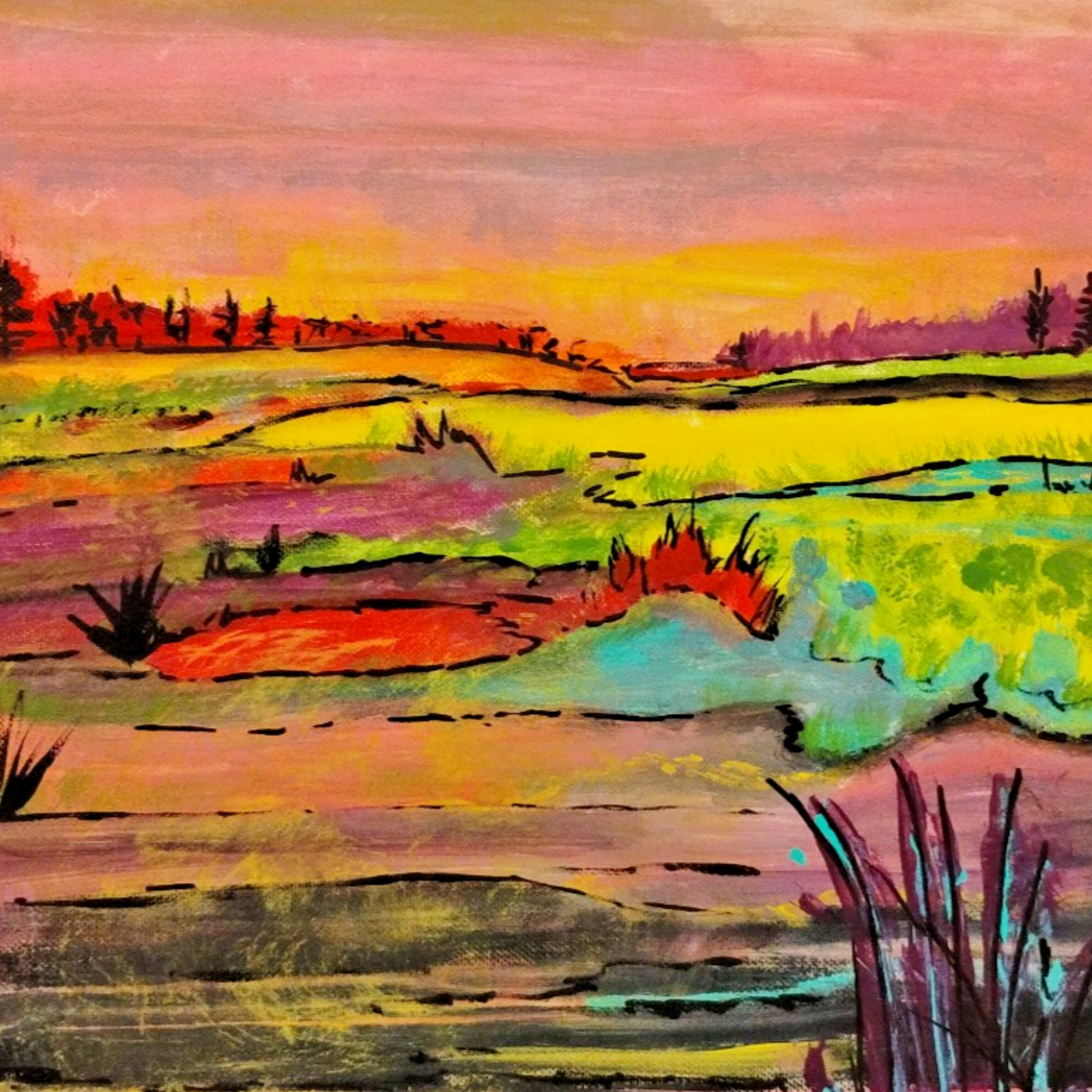 Fine Art Acrylic Painting Original New Brunswick Pond TM NEW Landscape 12×9 in.