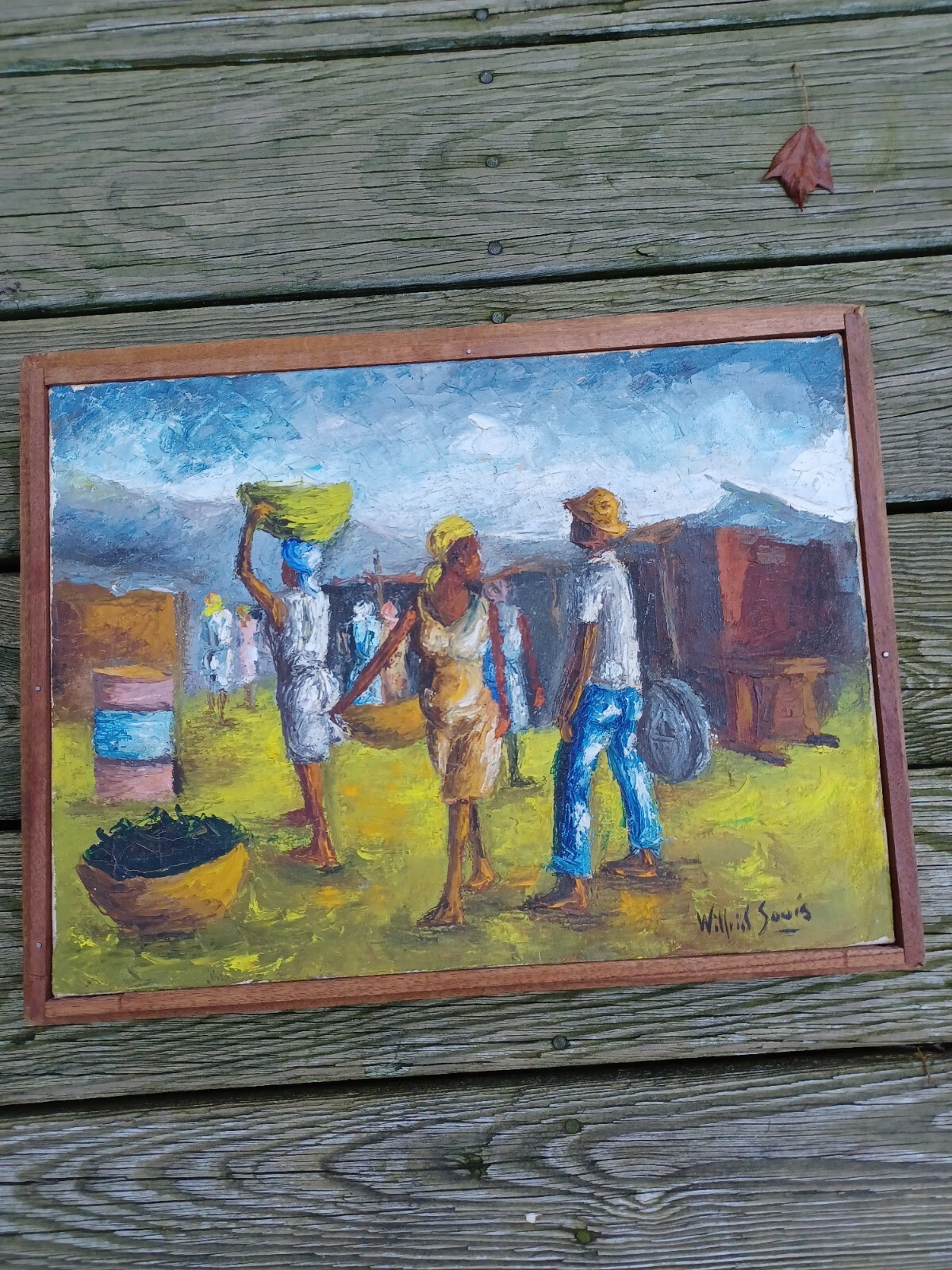 SIGNED WILFRED LOUIS HAITIAN PAINTING ON CANVAS WOOD FRAME INTERNATIONAL SALE