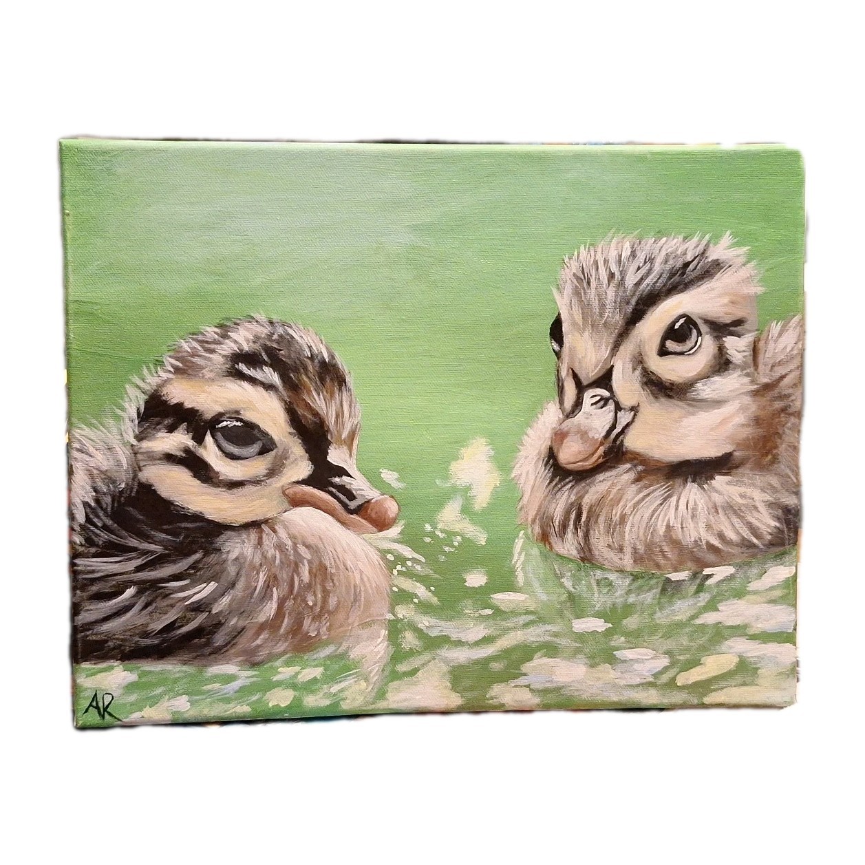 Original Art Painting Ducklings In Water Artist Signed AR 11 x 14 Canvas