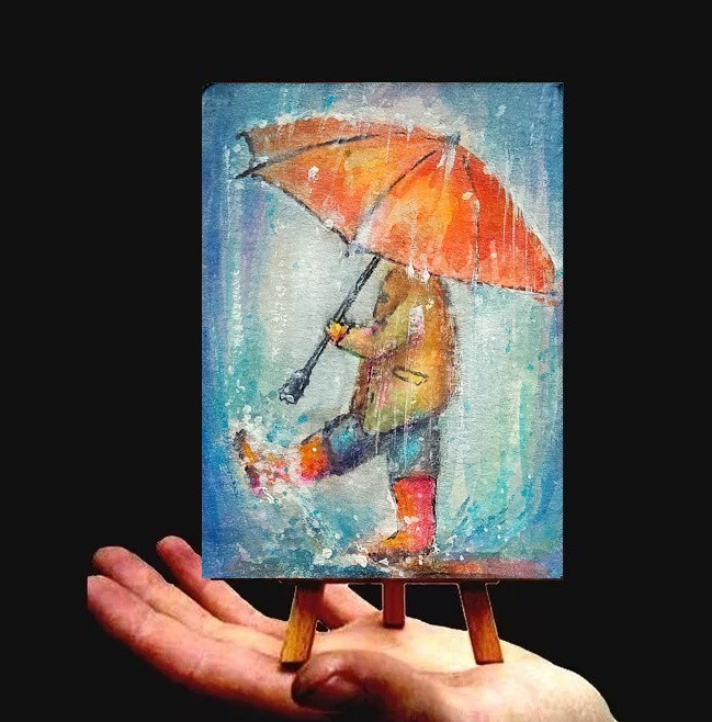 ACEO Rain Umbrella kid watercolor original painting matted signed