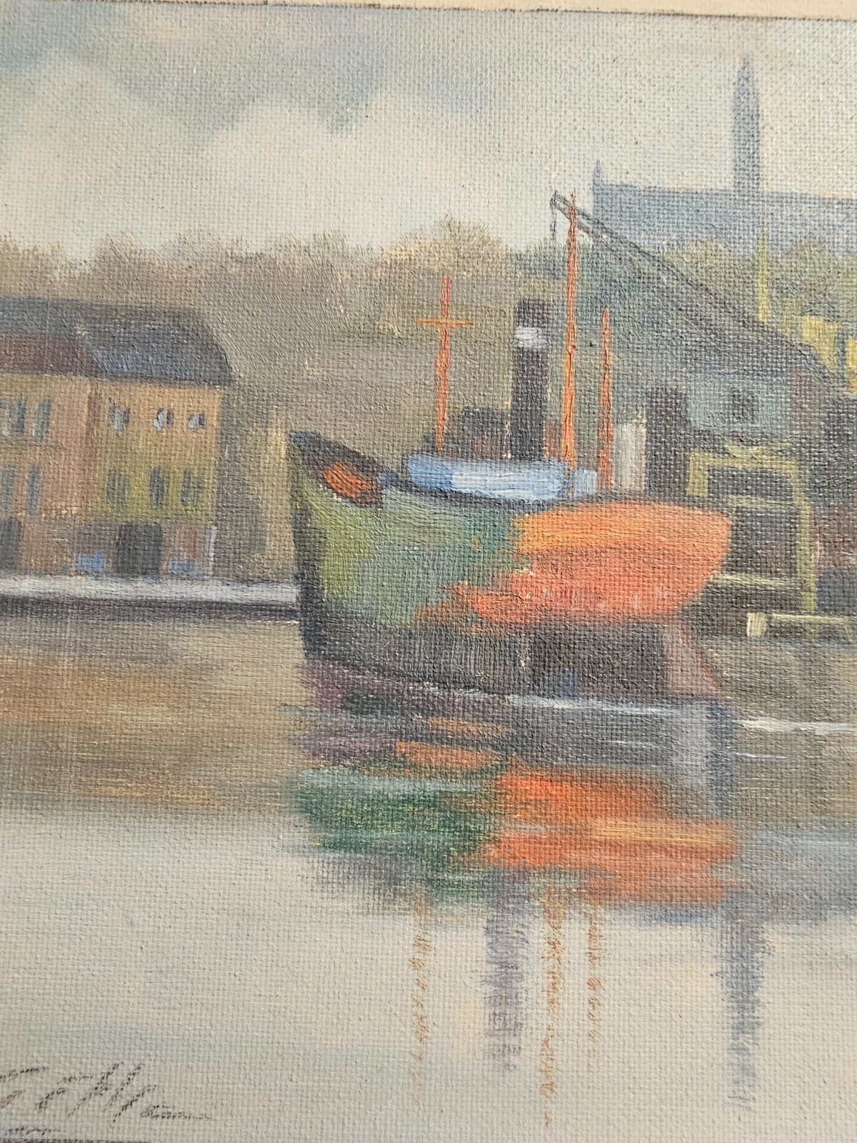 SCANDINAVIAN HARBOUR SCENE OIL PAINTING NORDIC ATMOSPHERIC COASTAL LANDSCAPE