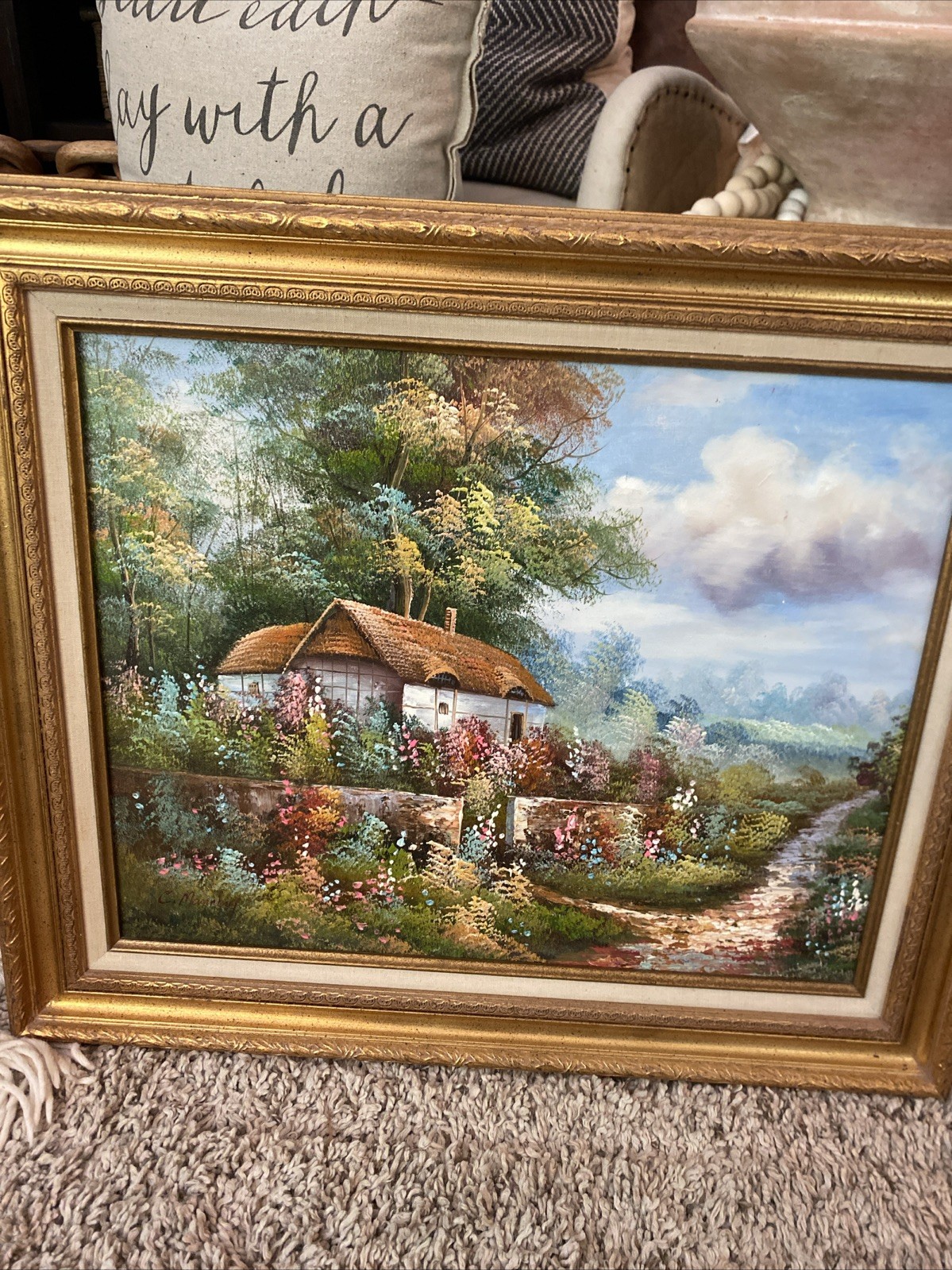 Original Oil Painting on Canvas Signed By C. Manning Cottage & Floral, Victorian