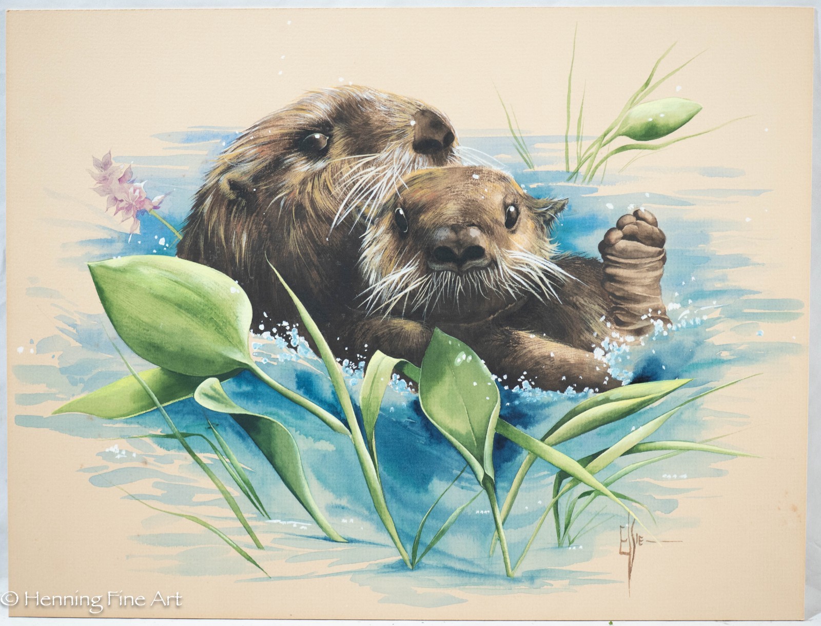 Beautiful Vintage Painting of River Otter and Pup Among The Leafs Signed Elsie