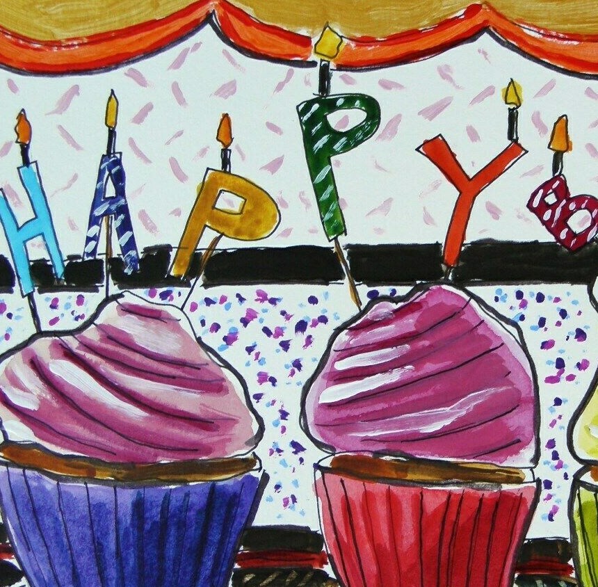 Original Bakery Sketch Cupcakes Birthday Food Watercolor Impressionism