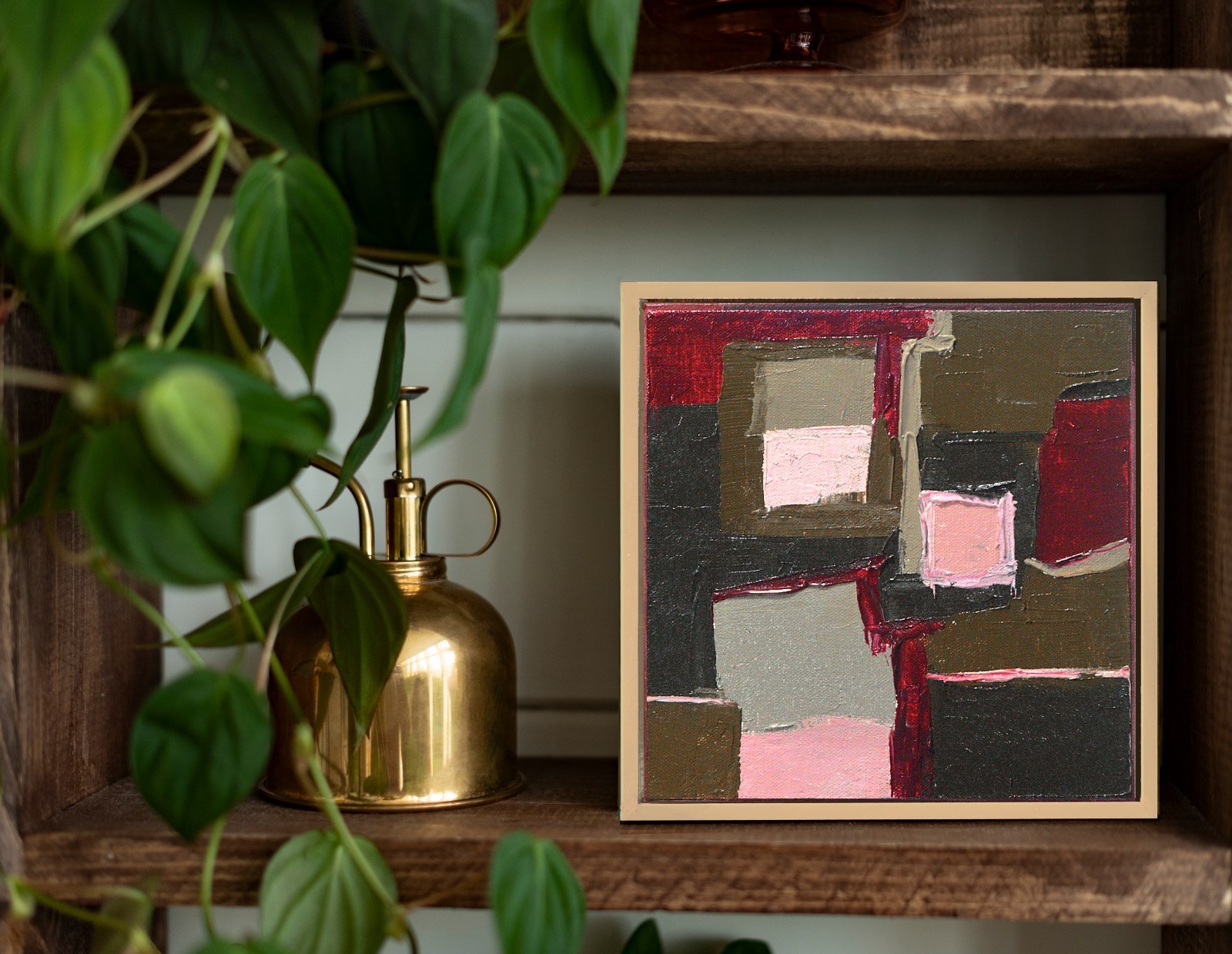 Framed Geometric Abstract Oil Painting Bold Red Pink Olive Green Textured Wall A