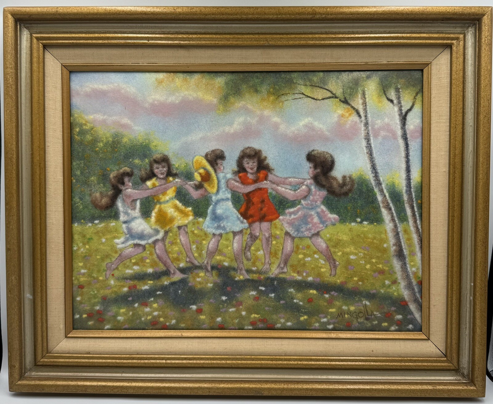 Dom Dominic Mingolla Enamel on Copper Framed Painting “Round The Rosy” 16”x12”