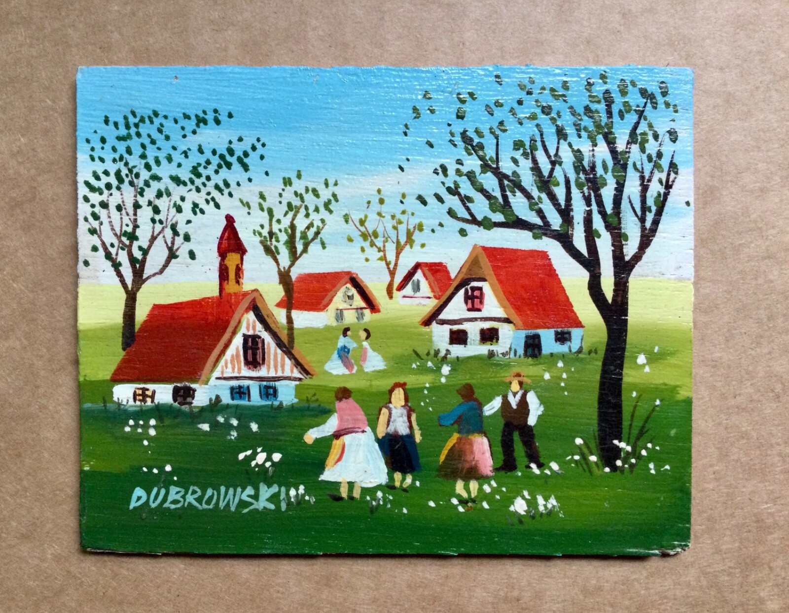 2 small primitive folk art paintings by Joanne Stalker & Dubrowski.