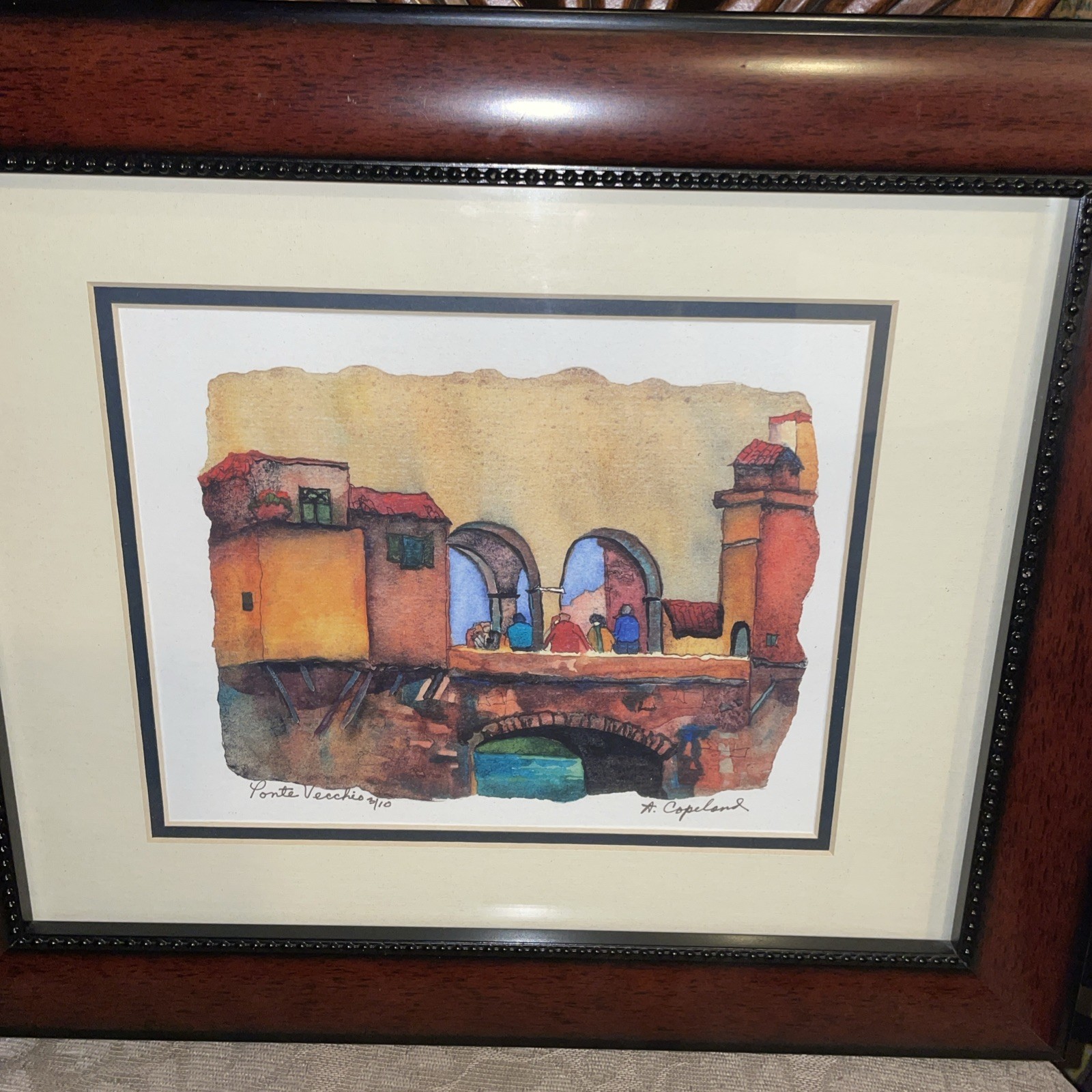 Signed Framed Limited Edition Water Color Painting Pointe Vecchio Bridge, Italy