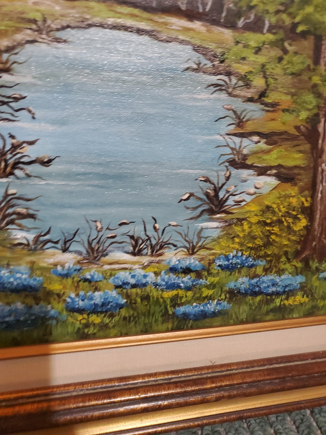 Original oil painting Vibrant!!! Blue Flowers Pond Forest Landscape SIGNED