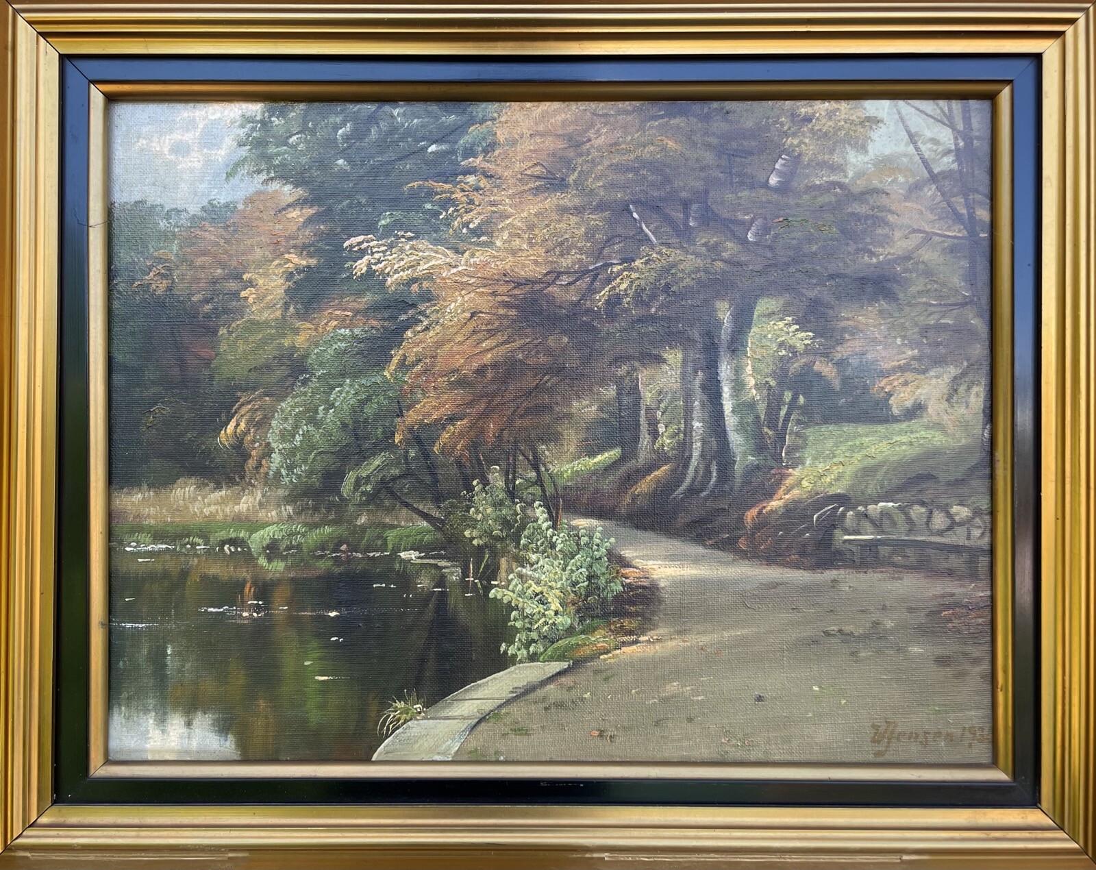 Impressionist Autumn Park Landscape Deciduous Trees Lake Bank Oil Painting 1936