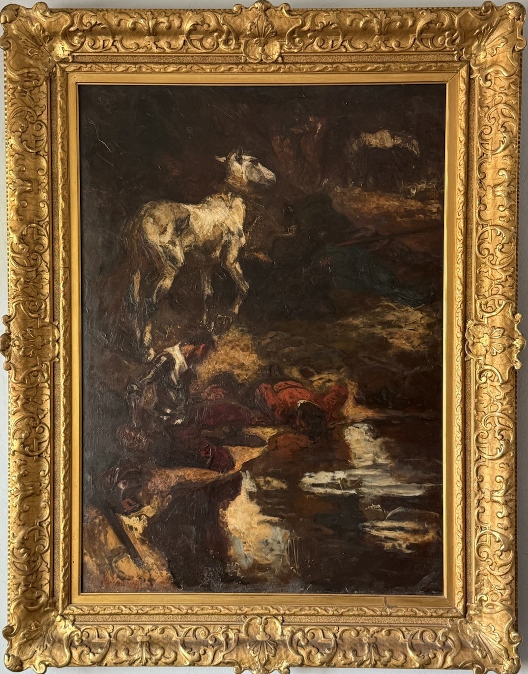 LARGE ANTIQUE 19TH CENTURY FRENCH FIGURATIVE LANDSCAPE OIL PAINTING OLD ABSTRACT