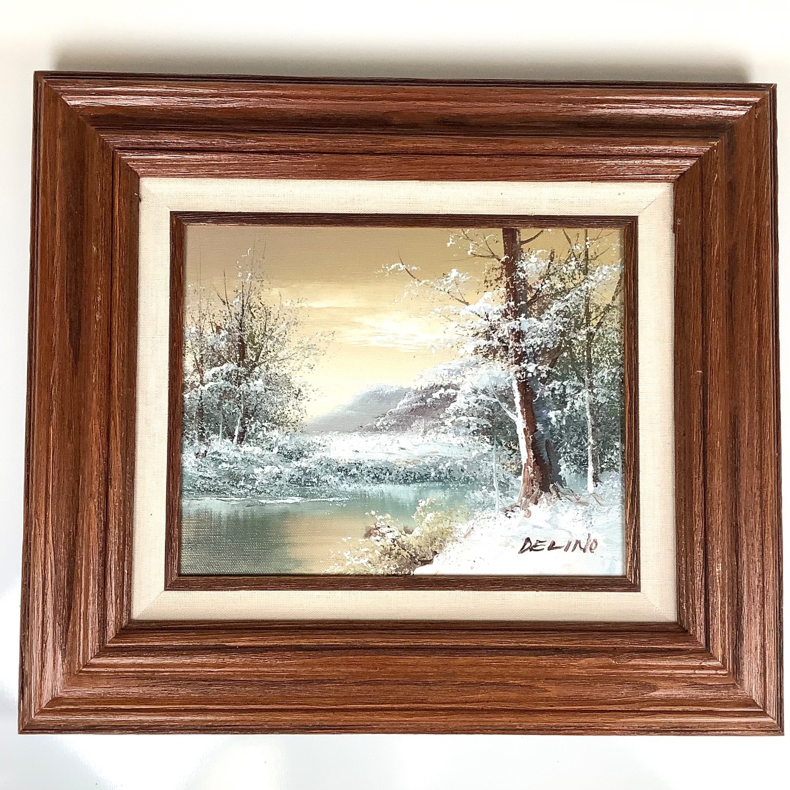 Original Vintage Oil Painting On Canvas Richard Delino MCM Snow Scene Landscape