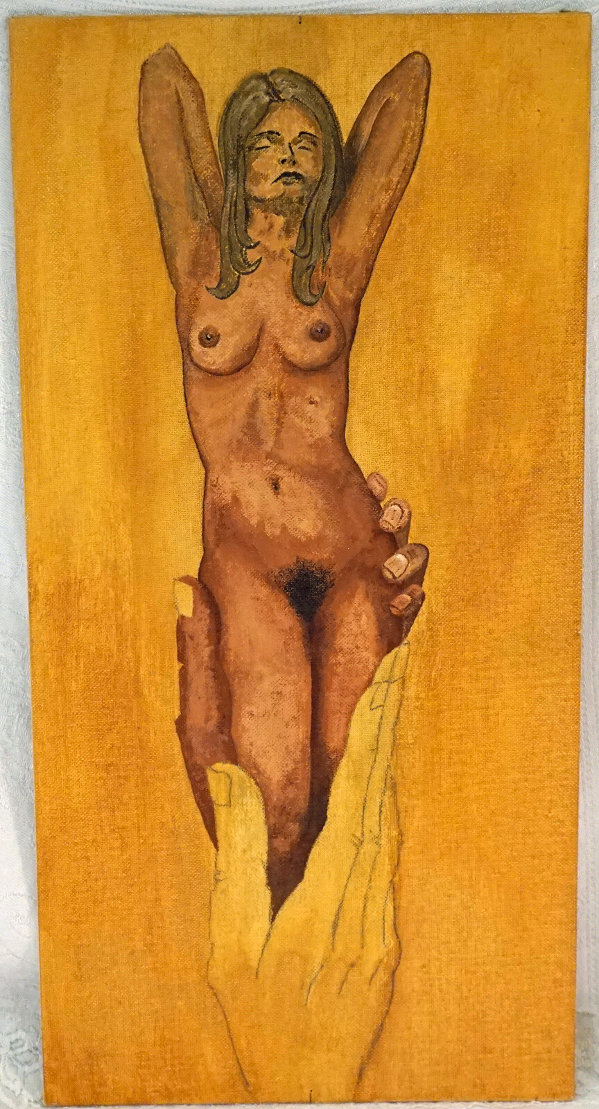 Gordon Demoude Painting Ascending Tanned Nude in Gold Held in Hands Signed