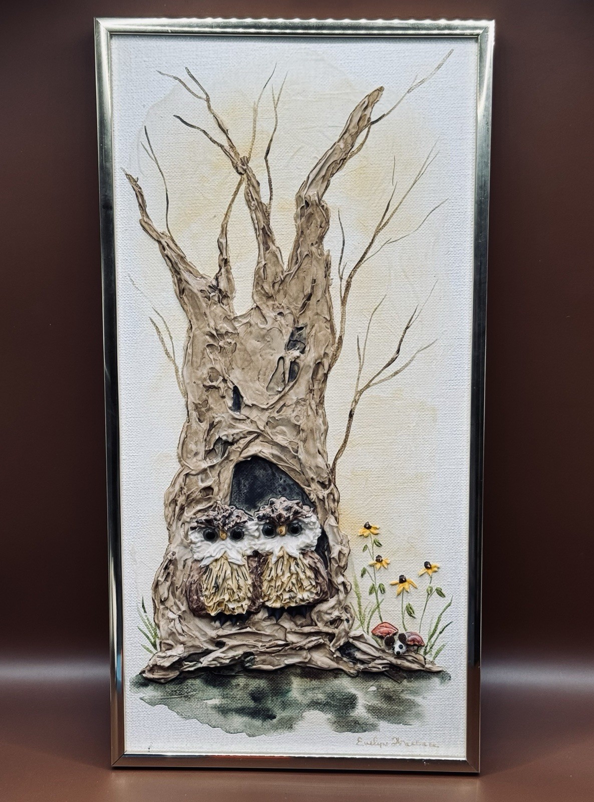 Vintage Original Evelyn Wallace Acrylic Adorable Owl Painting 8″ X 16″ Framed