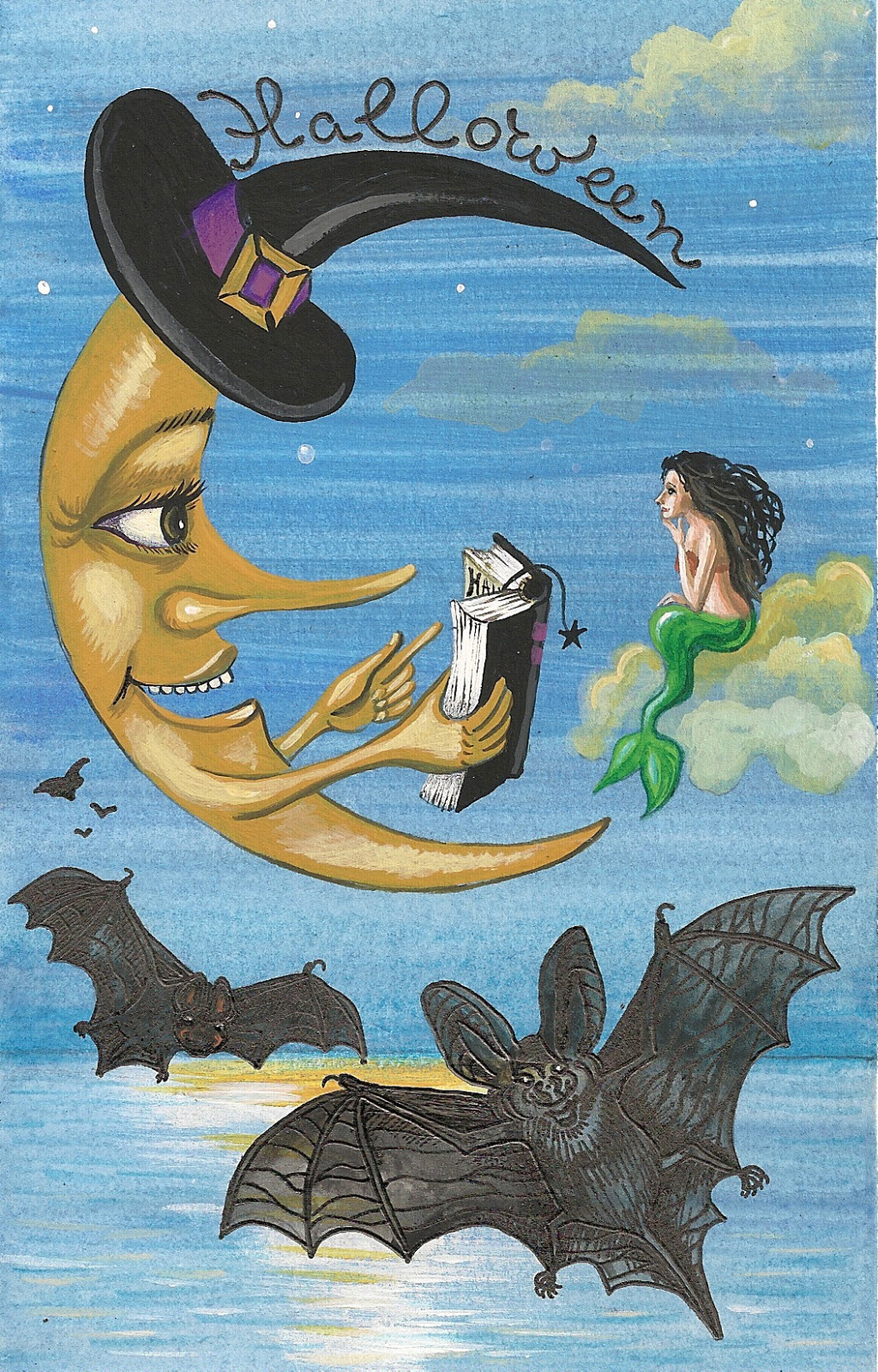 HALLOWEEN PRINT OF PAINTING RYTA BAT FOLK MOON MERMAID WITCH Art Magic Sea 🌙