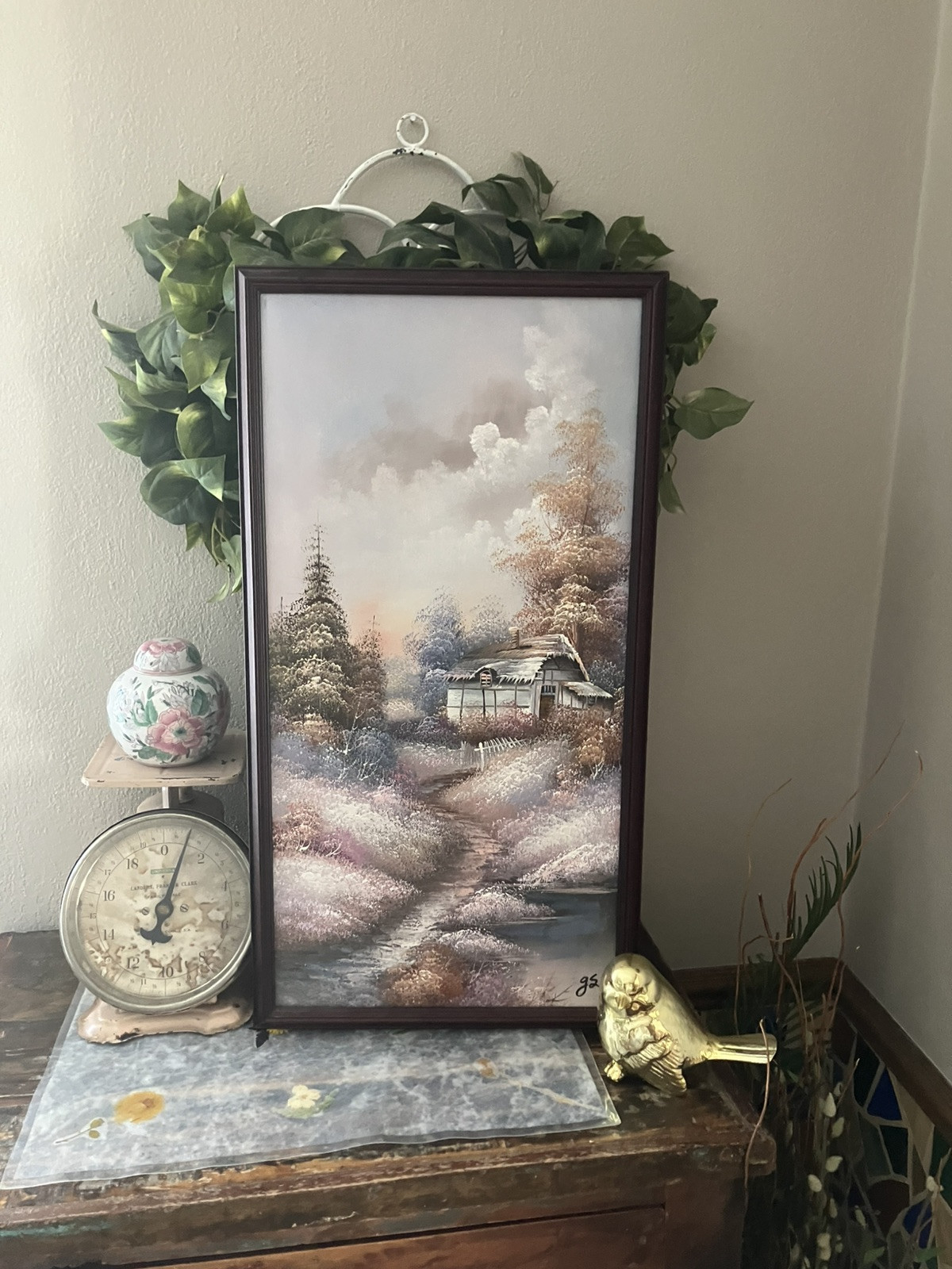 Vintage 25” Original Oil Painting Signed English Cottage Garden Flowers Pastel