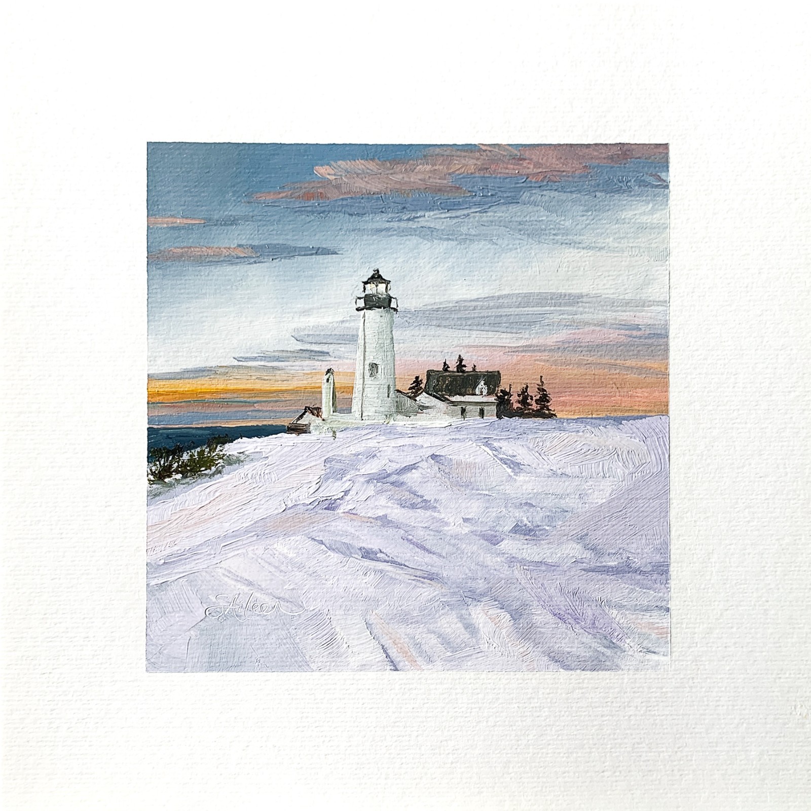 8×8 Maine Original Oil Painting Pemaquid Point Lighthouse Landscape Coast Signed
