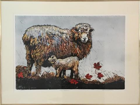 Hand Colored Wood Block Print, Framed Behind Glass, LOCAL PICK UP ONLY