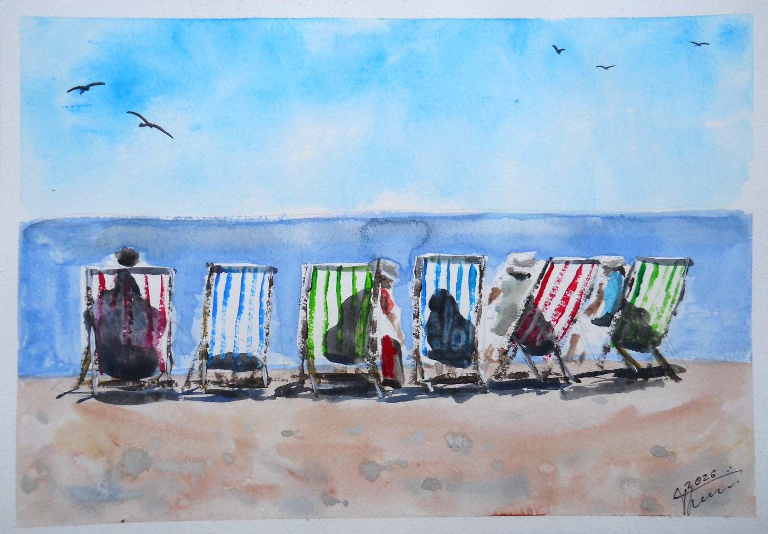original watercolour summer sun beach holiday sea signed 21×29.7cm *thessini*