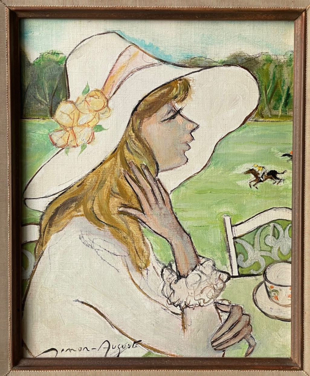 Simon Auguste Signed Portrait Lady Racecourse Café Modernism Oil on Canvas 1960s