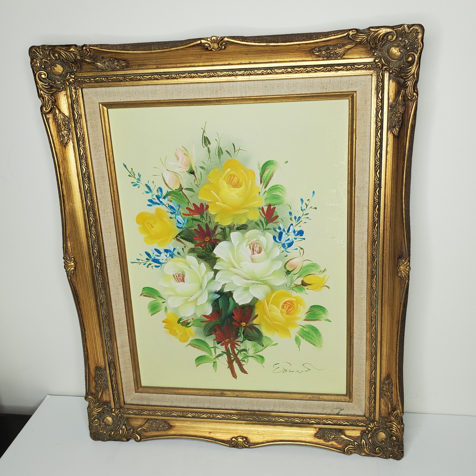 Vintage Still Life Oil Painting Floral Bouquet Ornate Gold Frame