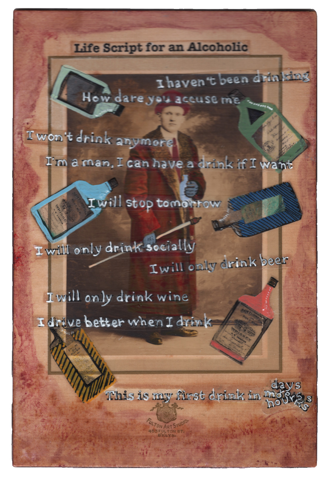 Alcoholic Man Life Script Vintage Outsider Art Mixed Media 6×9 Potocki