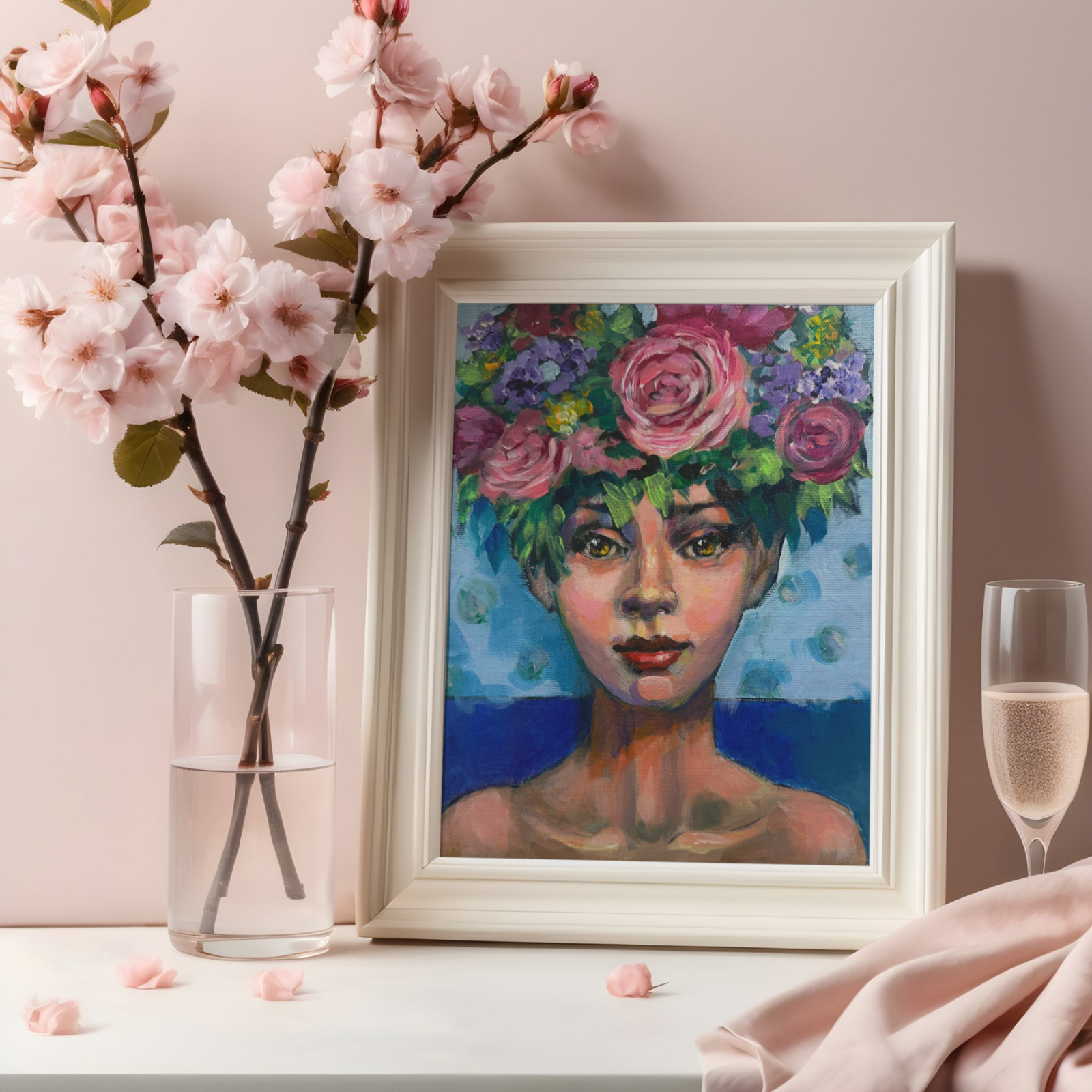 Original Floral Portrait Painting Woman w/ Flower Crown Acrylic 8×10 OOAK Signed