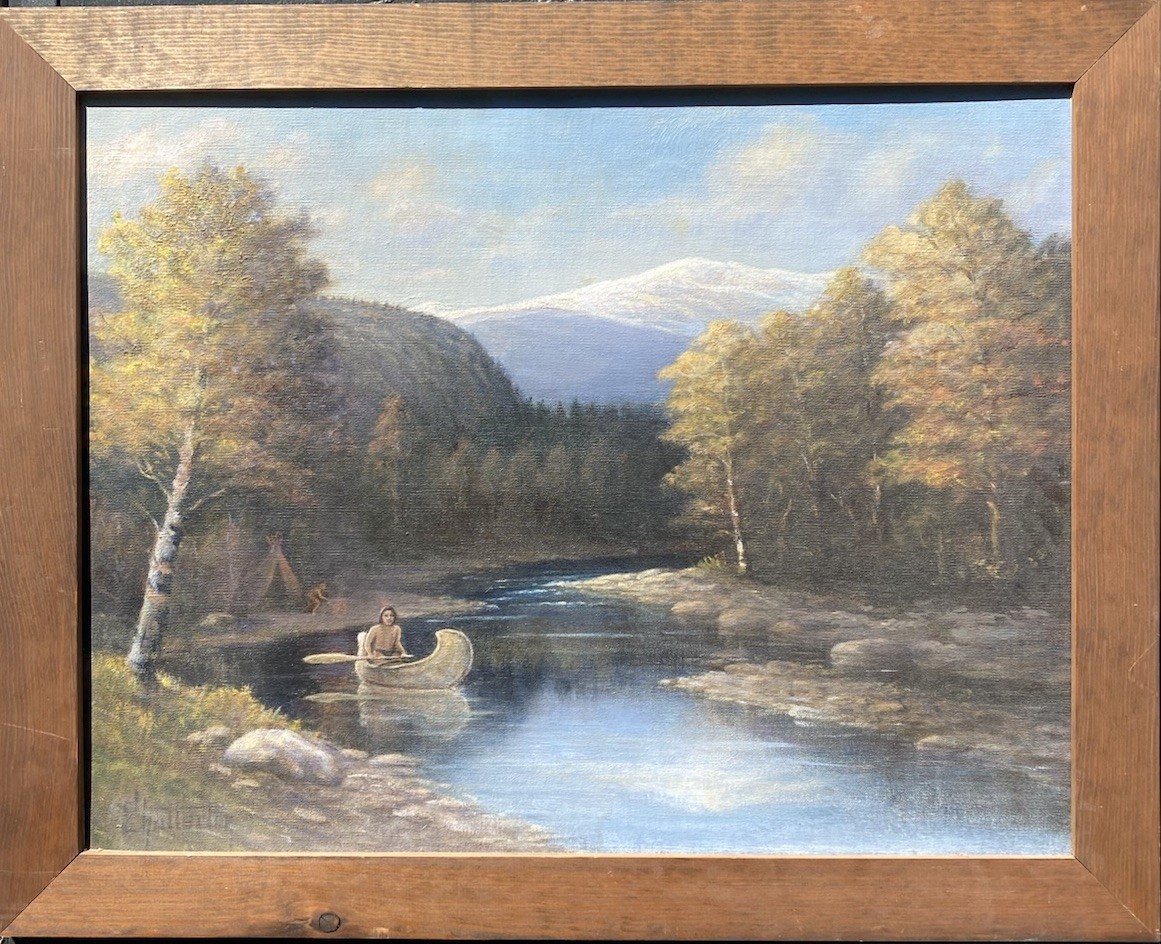 Original Oil Painting Native American Canoe River Landscape Autumn Framed