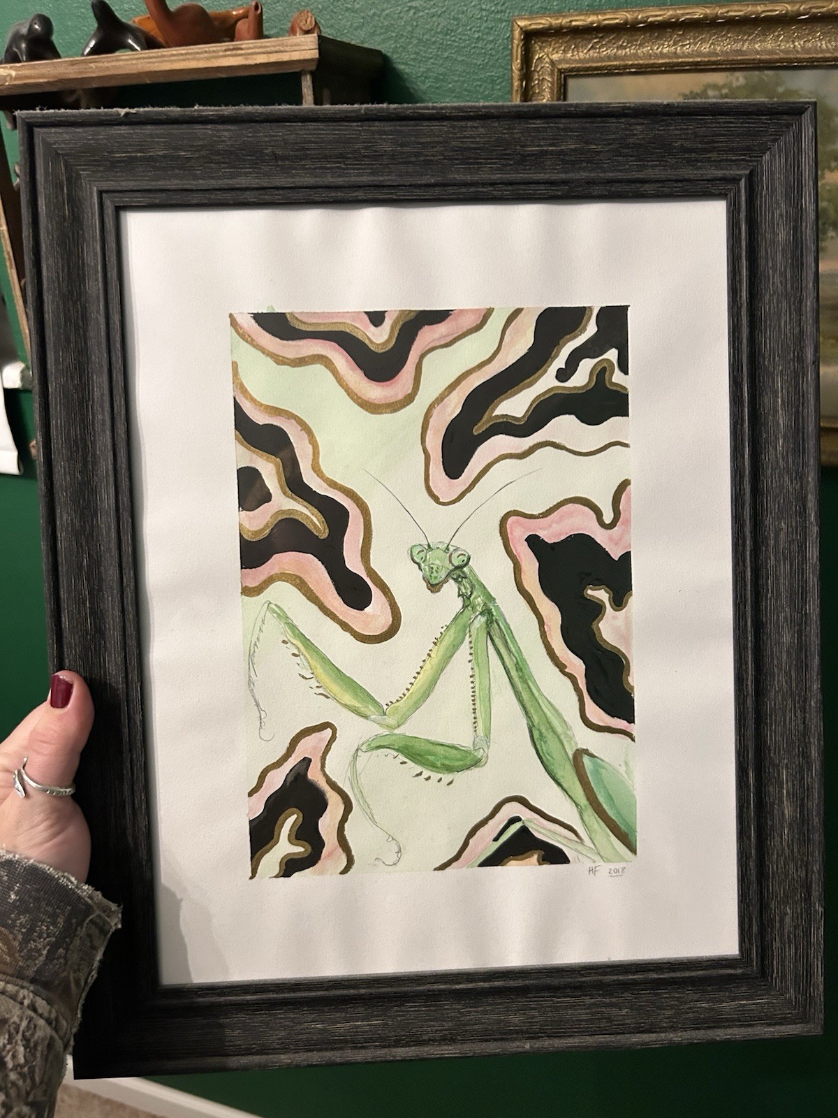 Signed Watercolor Painting Of Preying Mantis Framed Original Art Insect Bug