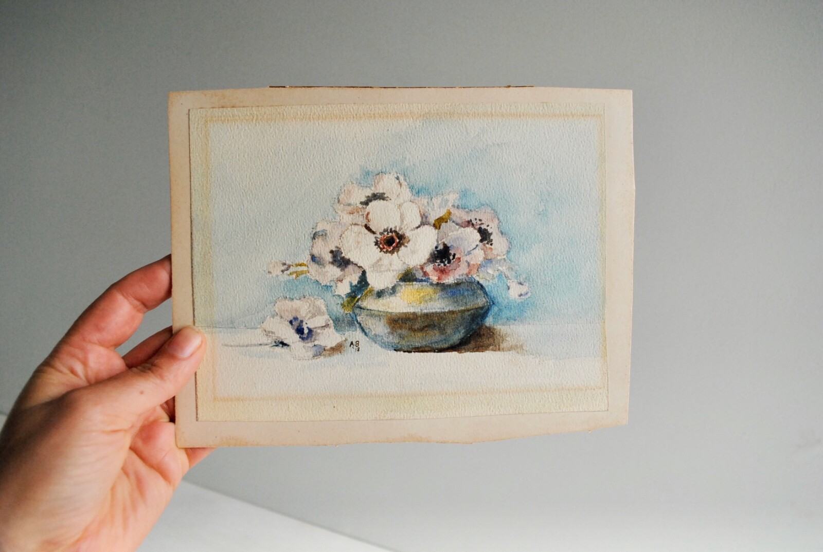Original Watercolor Still Life Painting of White Flowers in a Vase