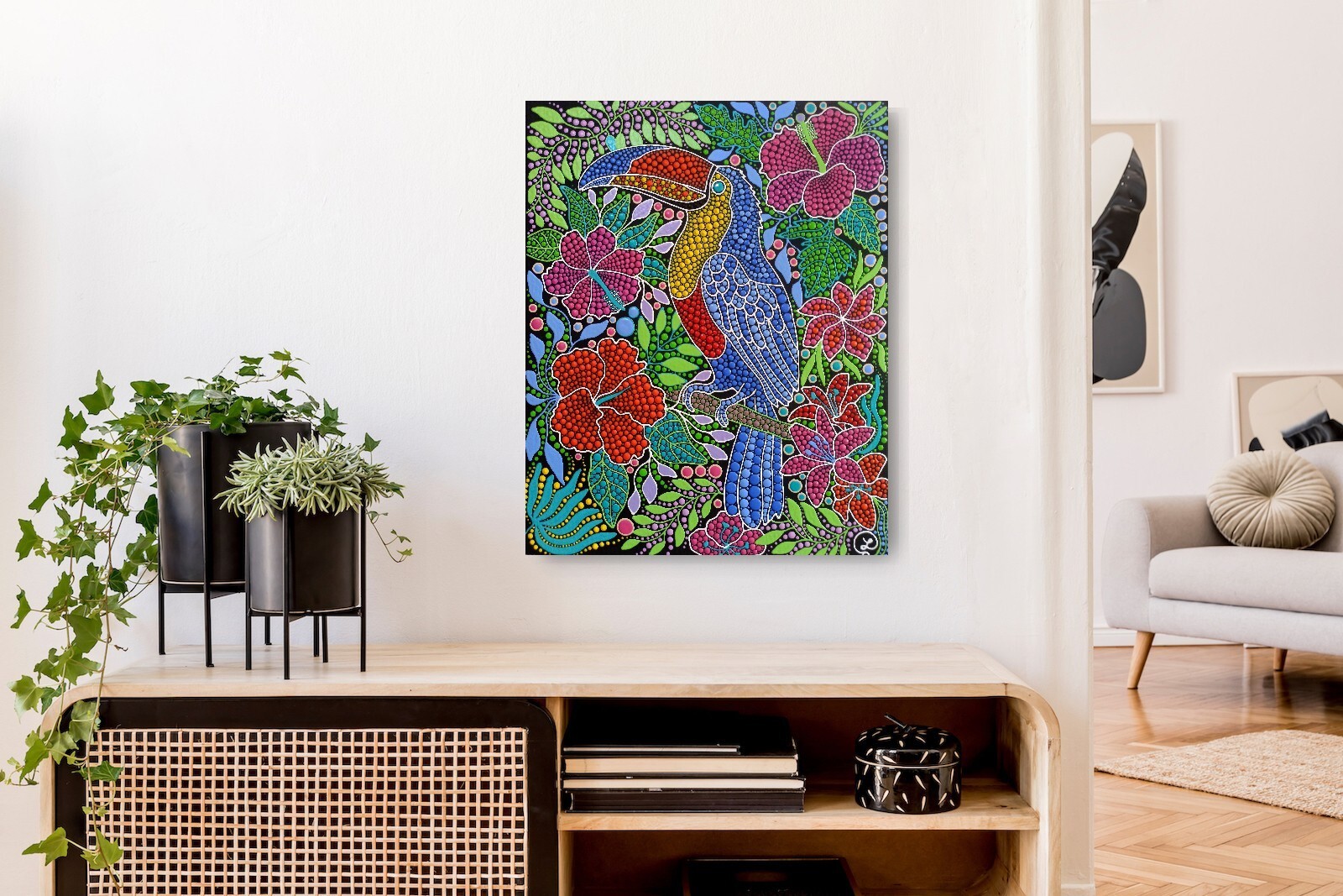 Toucan in the Jungle Original Painting Exotic Birds Art Tropical Flowers Artwork