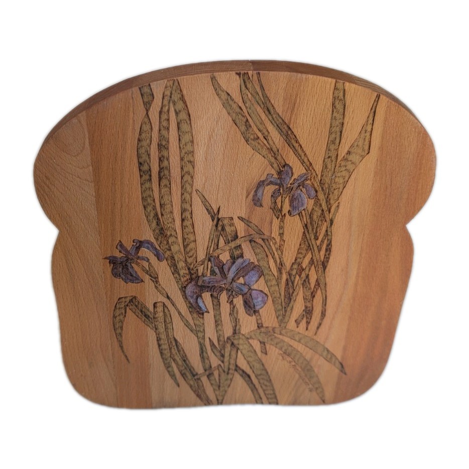 VTG Purple Iris Wood Burning Cutting Board Painted Signed Country Decor Bread