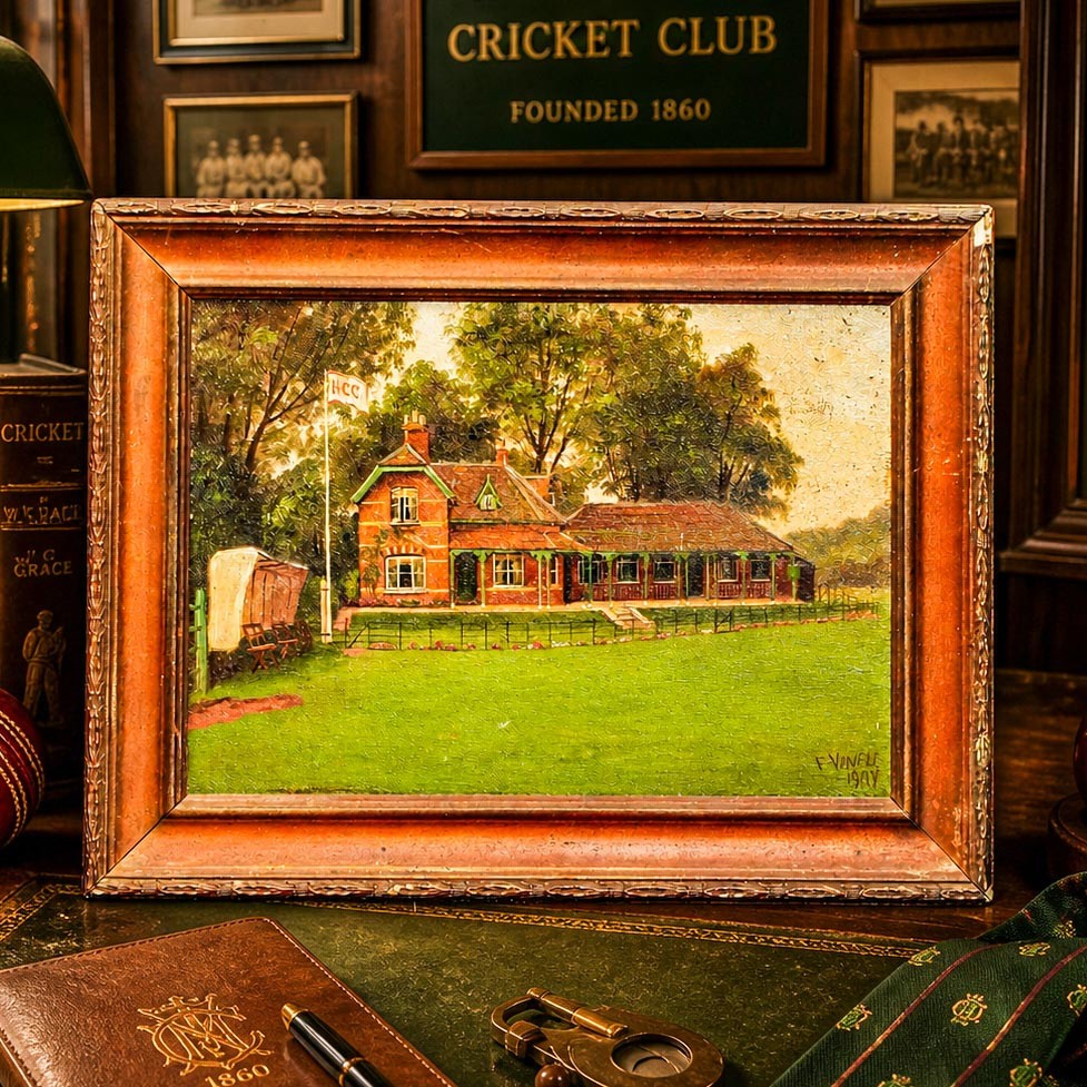 Charming Antique Framed Oil Painting English Cricket Pavilion Sports Victorian