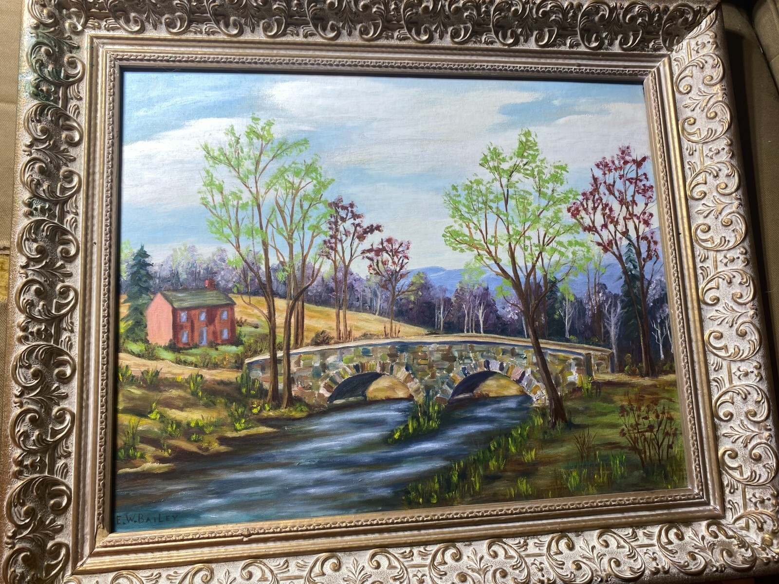 E.W Bailey «Stone Bridge And River Landscape Scene » Oil Painting -Signed/Framed
