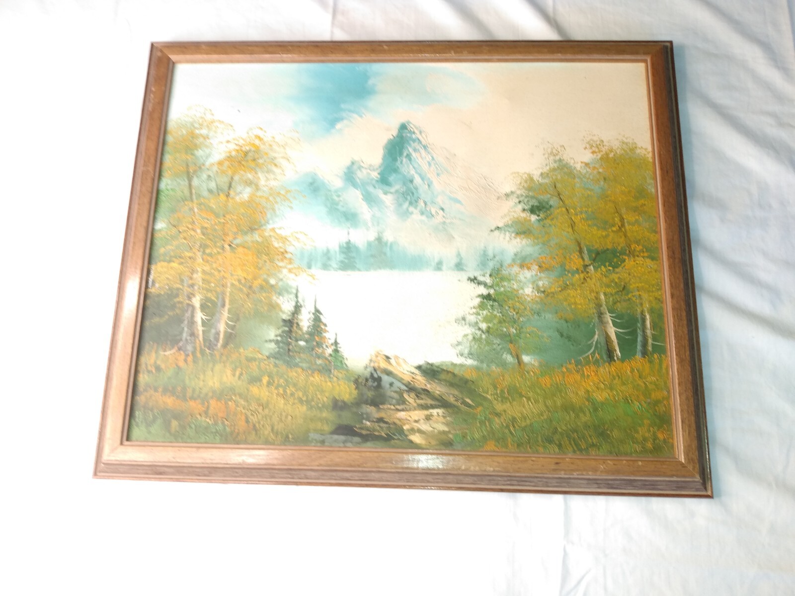 beautiful painting of a mountain in a solid wood frame 22 1/2 «Lx18 1/2″H