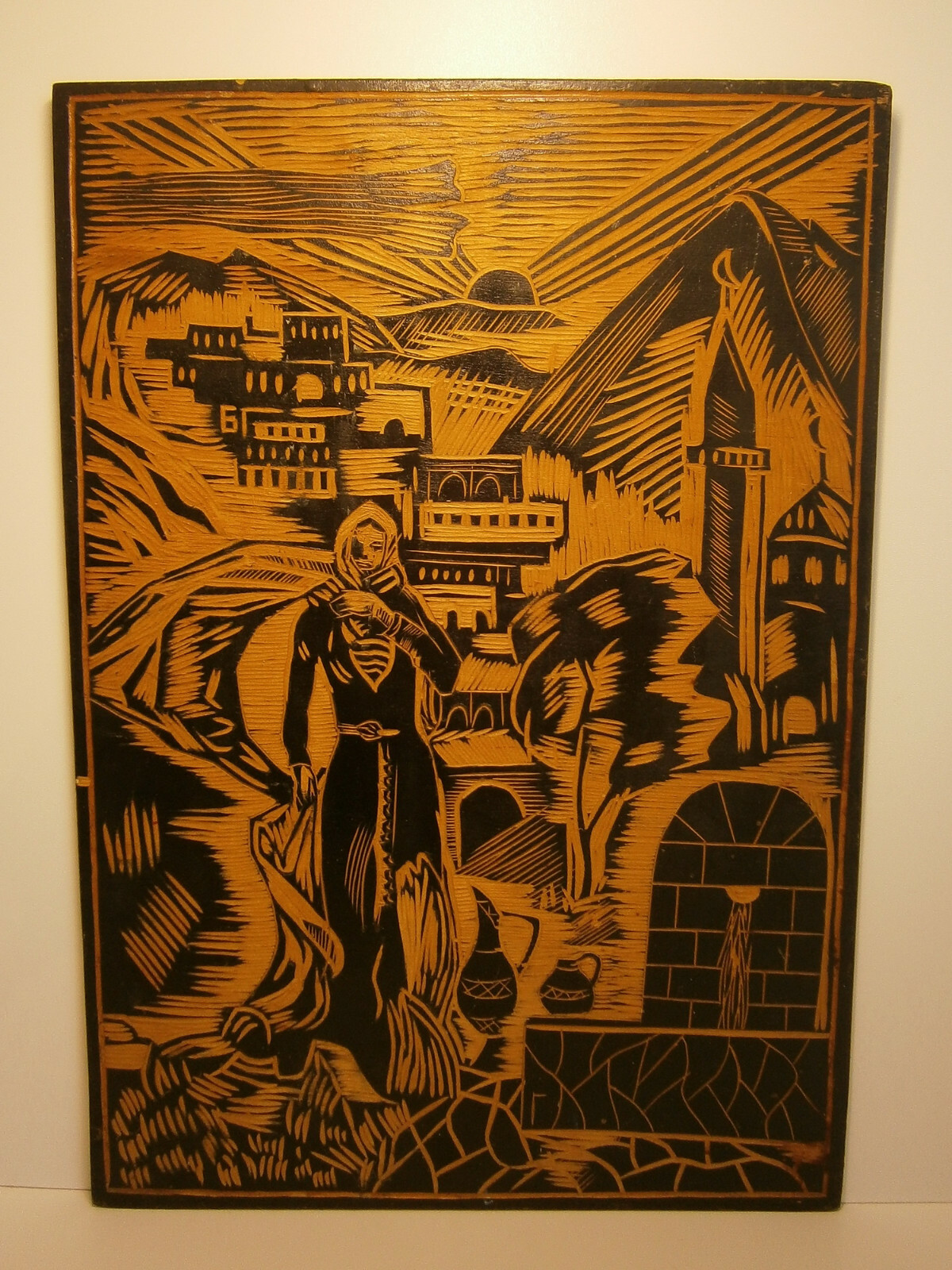 Town Water Well Girl Woman Vtg Black Painting Carved Wood Picture Industrial Age