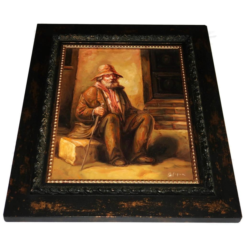 Oil On Canvas, Signed, Man w/ Cane Sitting Smoking, 16 1/4″ by 19 1/2″ H