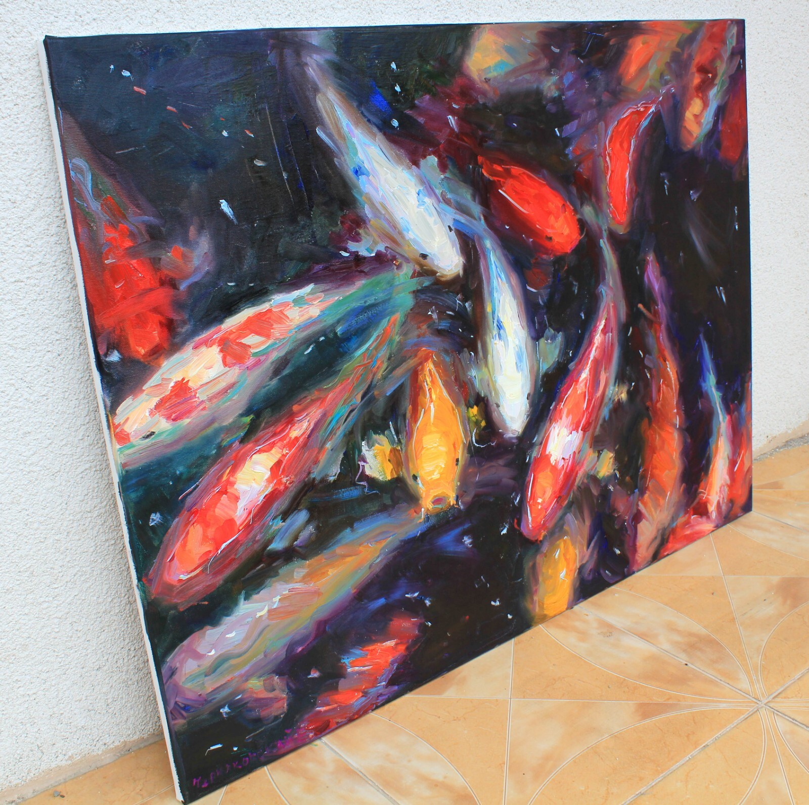 Koi fishes painting IMPRESSIONISM Original Oil on canvas by E. Chernyakovsky
