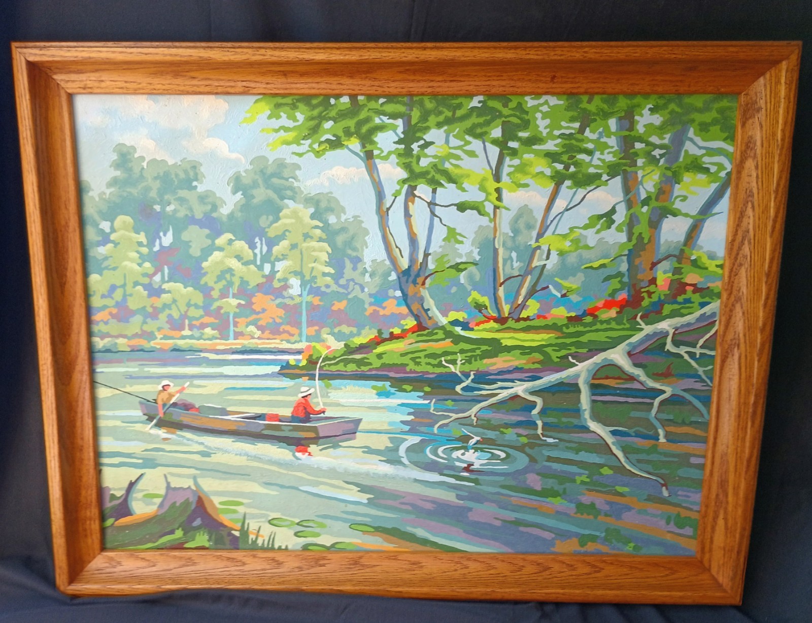 RARE VTG Framed Paint by Numbers «The Old Fishing Hole» Landscape Oil Painting