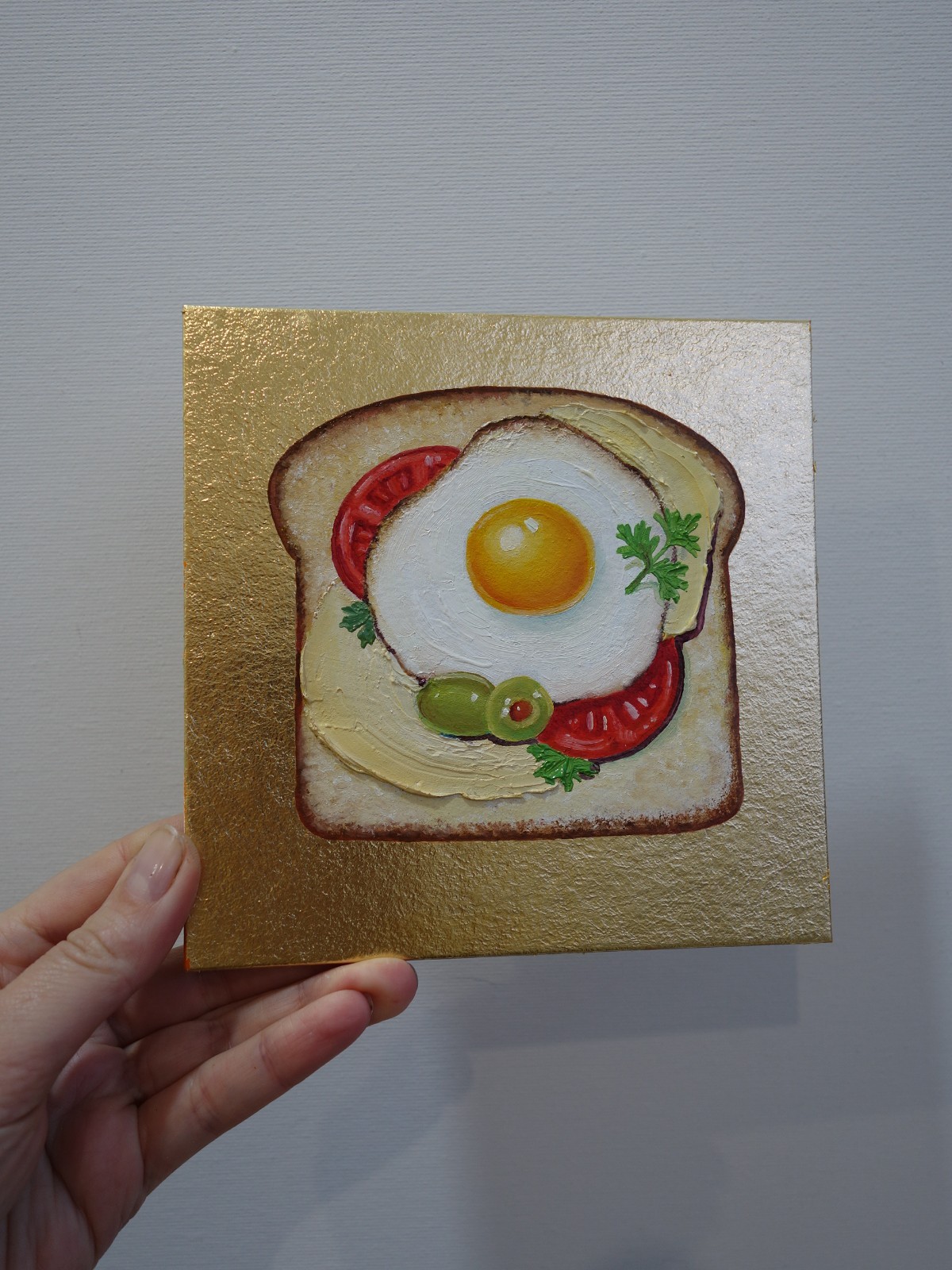 Fried Egg Tomato Olives Toast Oil Painting, Sandwich Art, Food Kitchen Artwork