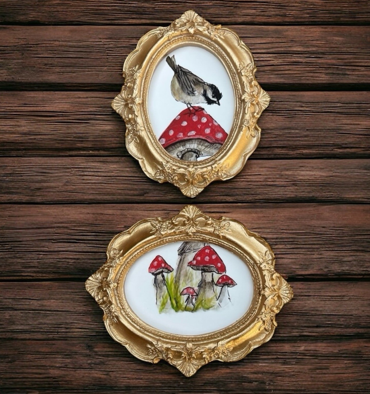 Set Of 2 Chickadee on Mushrooms mini print in gold vintage style ornate frames
