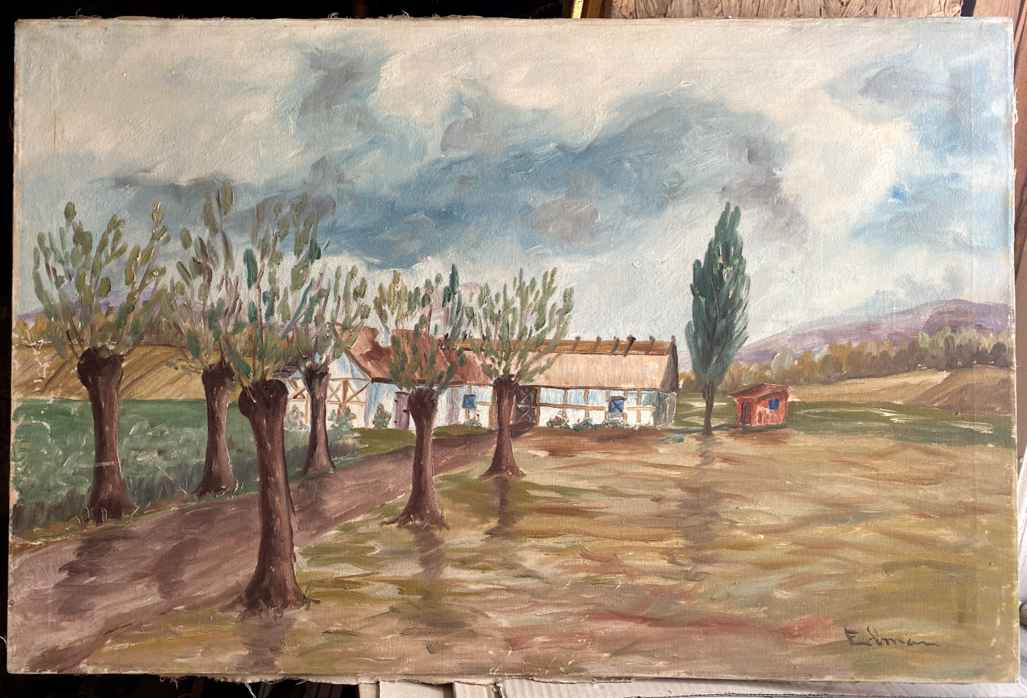 Oil Painting° Romantics Home And Pollarded Willows Farm Rain Agriculture Gut