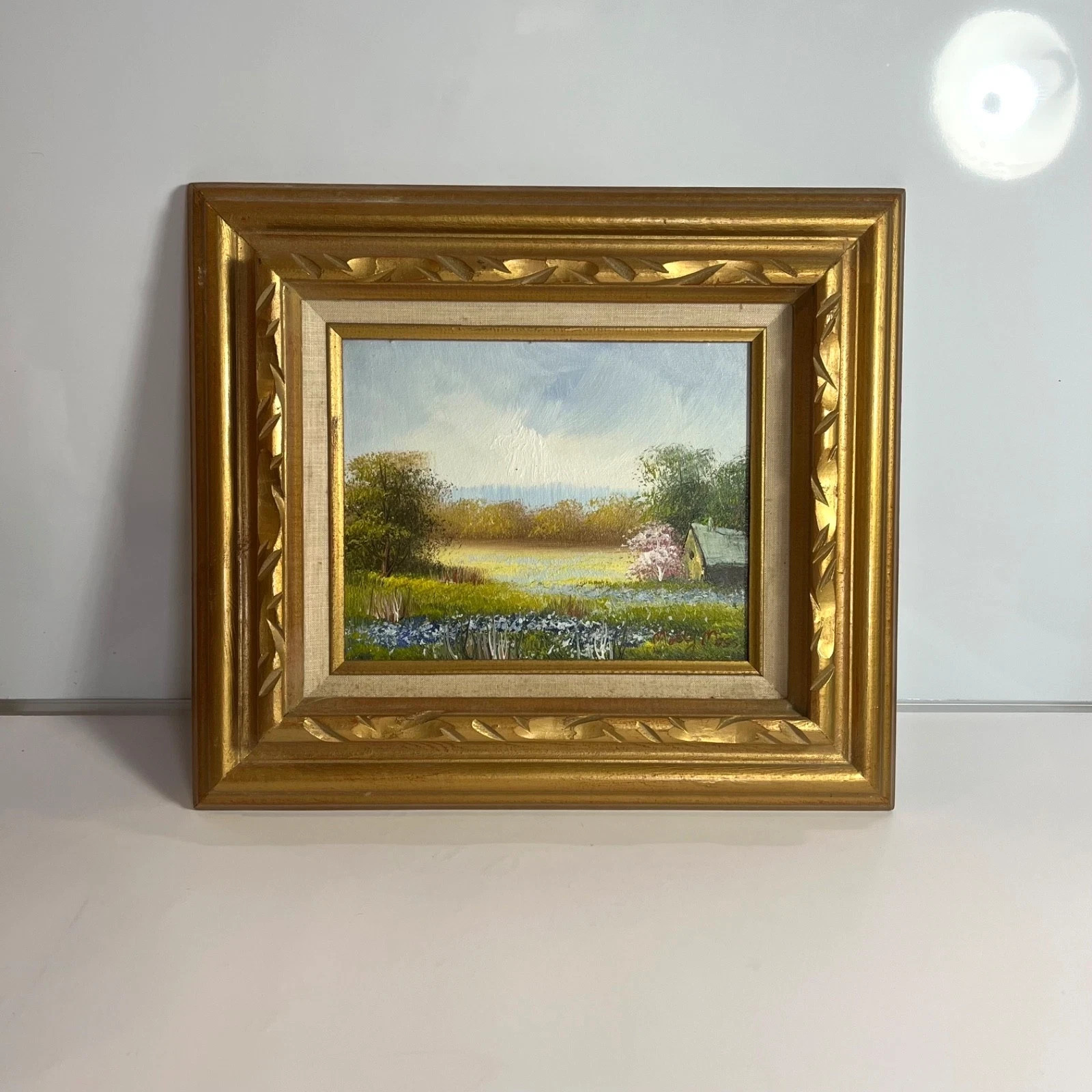 MOLLY MOSS Fine Art Landscape Oil Painting Canvas Antique 17×15 Bucolic Rustic