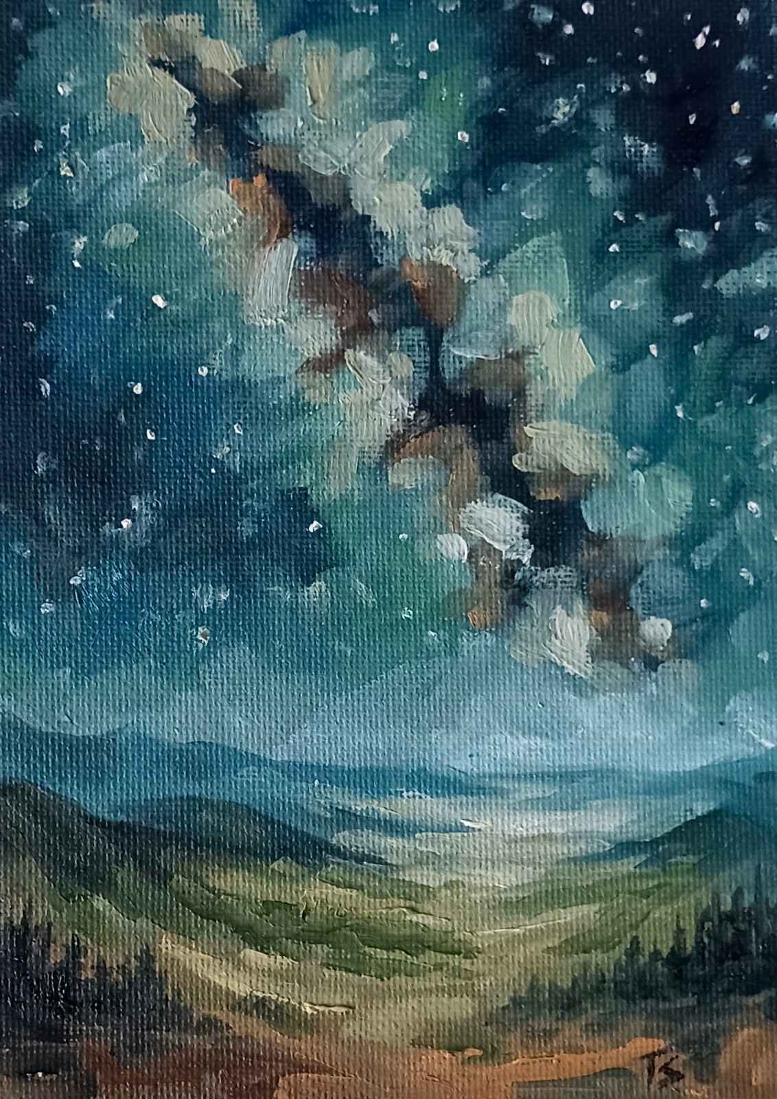 ORIGINAL Oil Painting Impressionism Landscape Milky Way Galaxy Night Sky 5″ x 7″