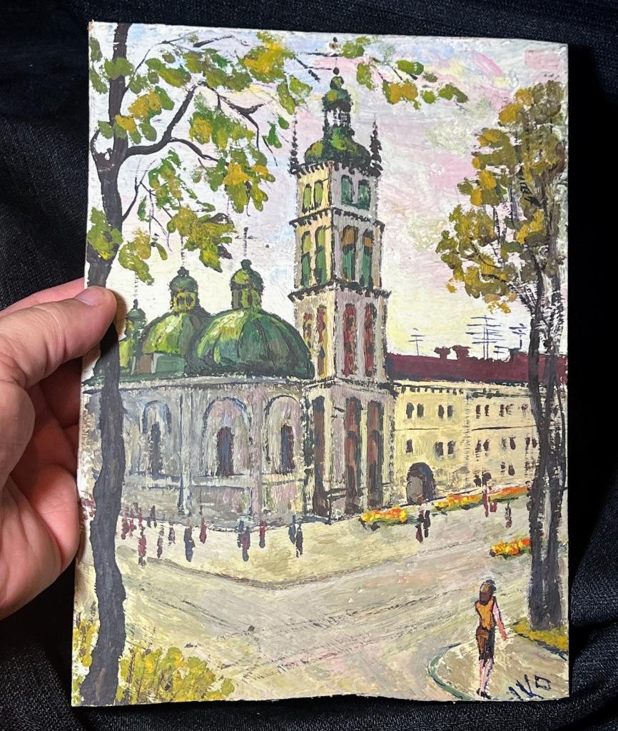 Old Lviv, Ukraine Art Cityscape Landscape Dormition Church Oil Painting Signed