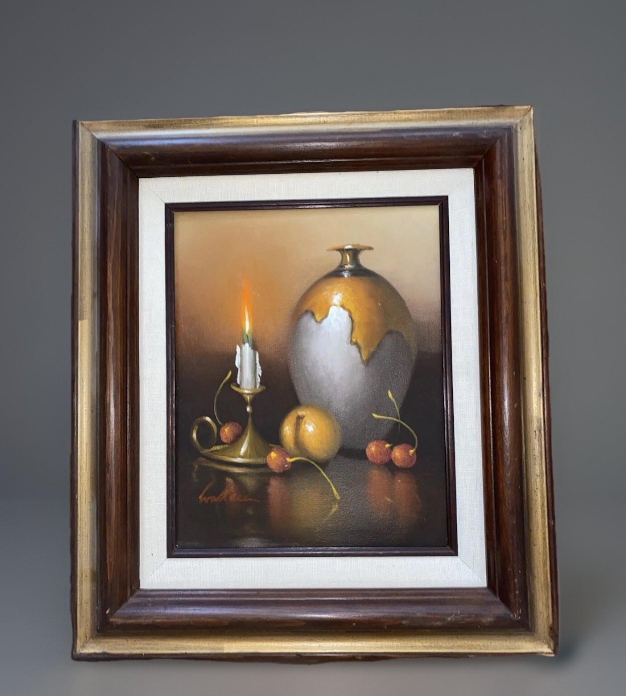 C. John Wallace Still Life Painting Canvas Candle Fruit & Pitcher 15” X 13” Rare