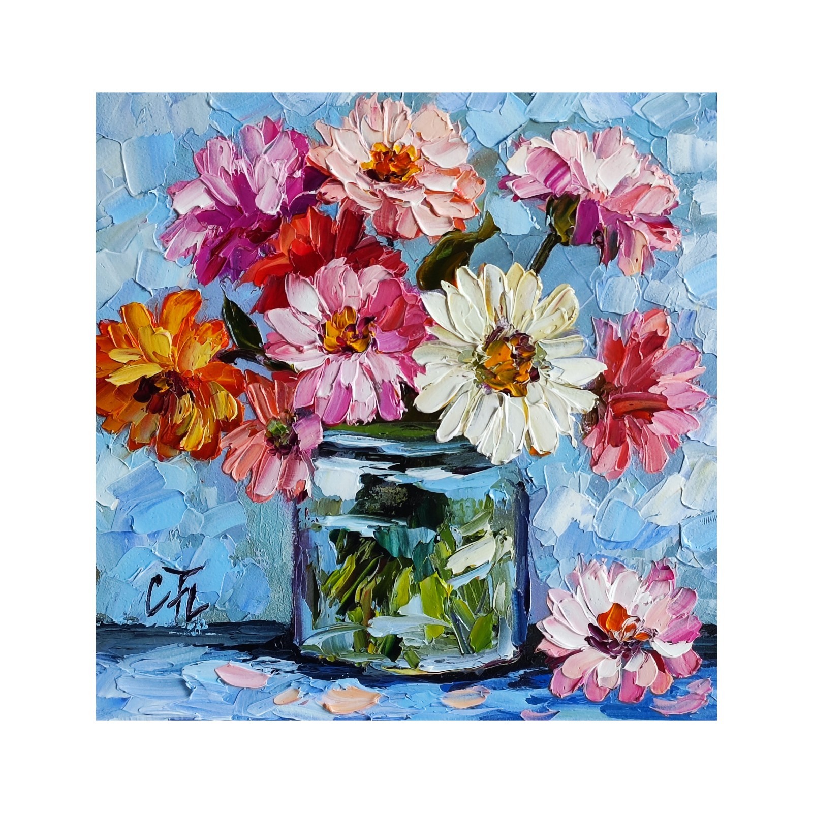 original oil painting Zinnia Colorful Flowers Vase impasto Floral art 6*6 in