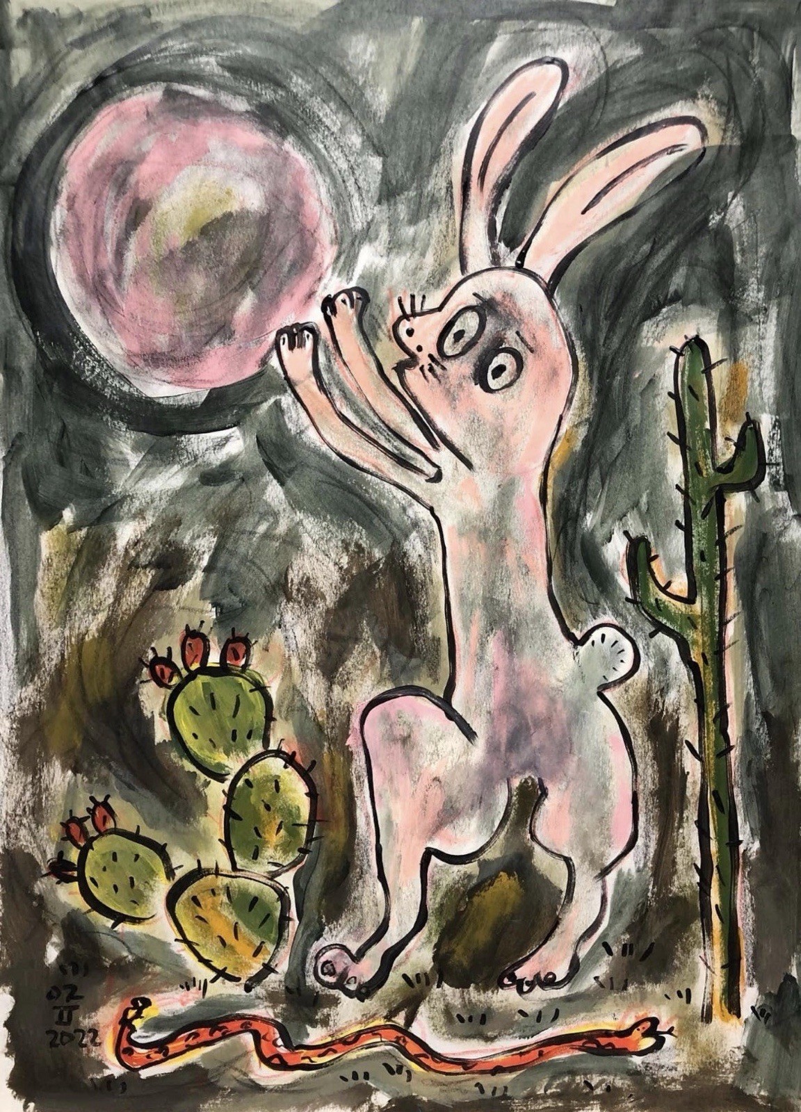 ORIGINAL PAINTING by Alvaro TARRAGO – A RABBIT REACHING TO THE MOON Acrylic